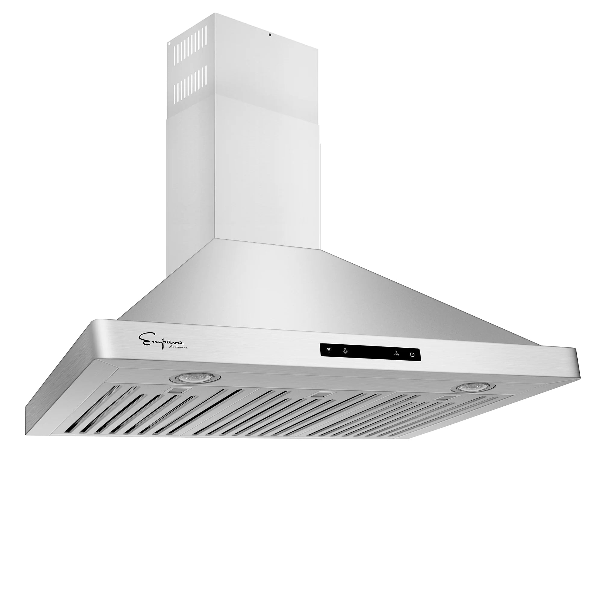 White ducted wall-mount range hood underside with vent grille and chimney housing
