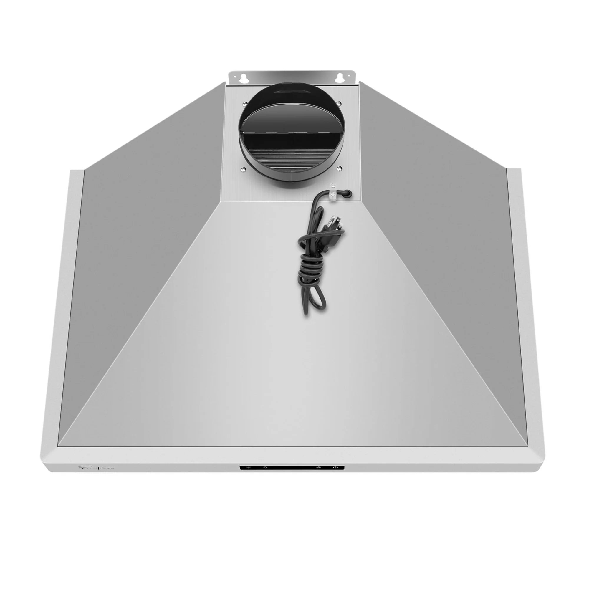 White ducted range hood underside with damper cover and power cord connection