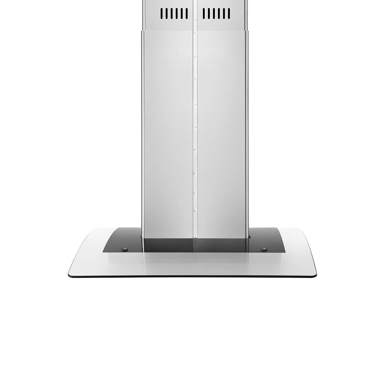 Stainless steel chimney range hood on a wide flat base with side vent openings