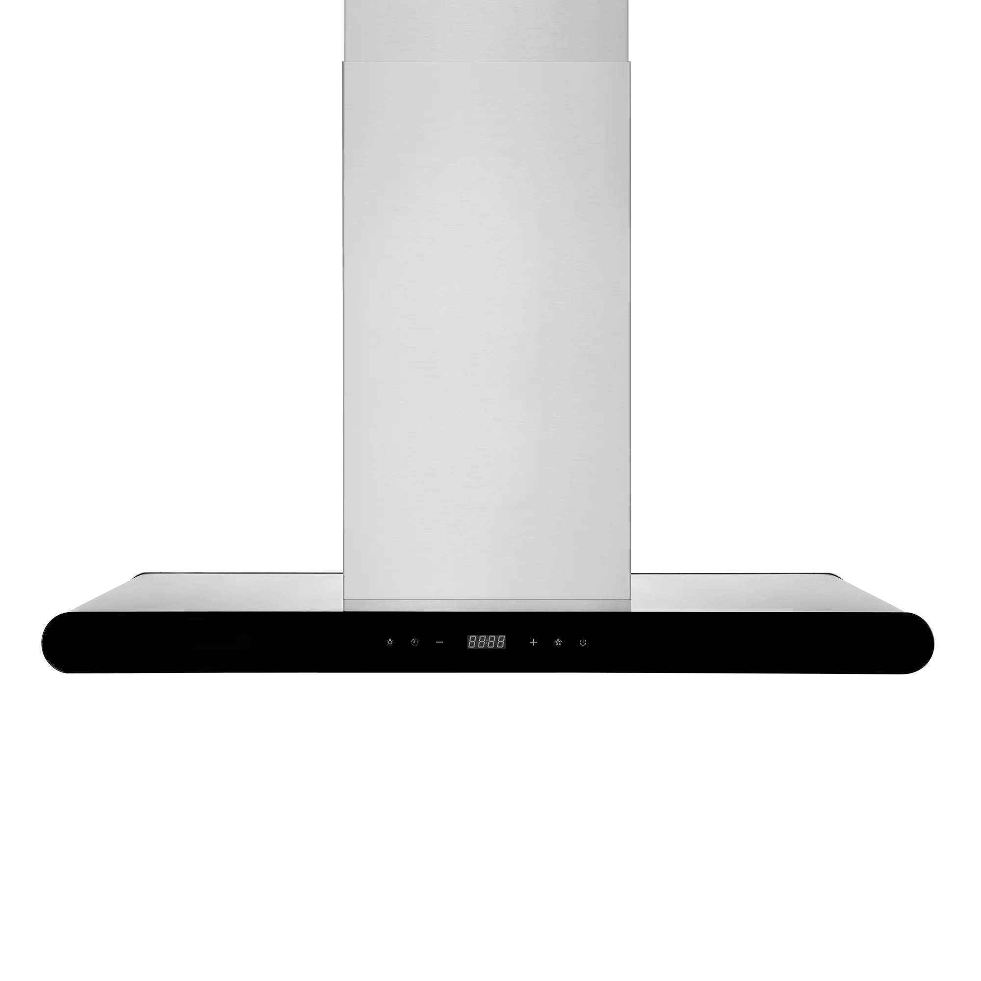 Island wall mount range hood with black glass canopy and stainless duct chimney