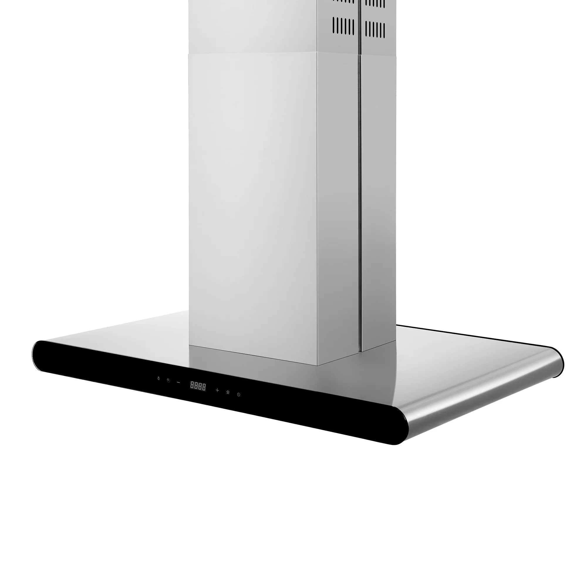 Island wall mount range hood with black canopy edge and stainless vent grille