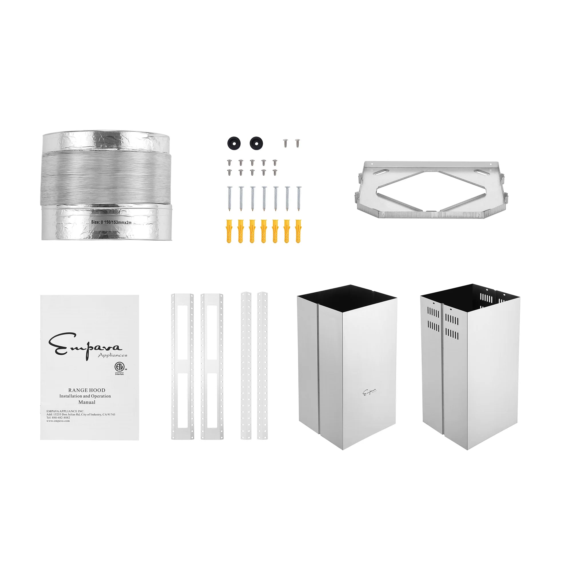 Range hood accessory kit with duct covers, bolts, and mounting components