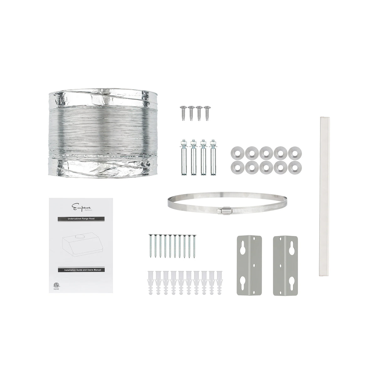 Range hood ducting and mounting parts kit with screws, brackets, and collar ring