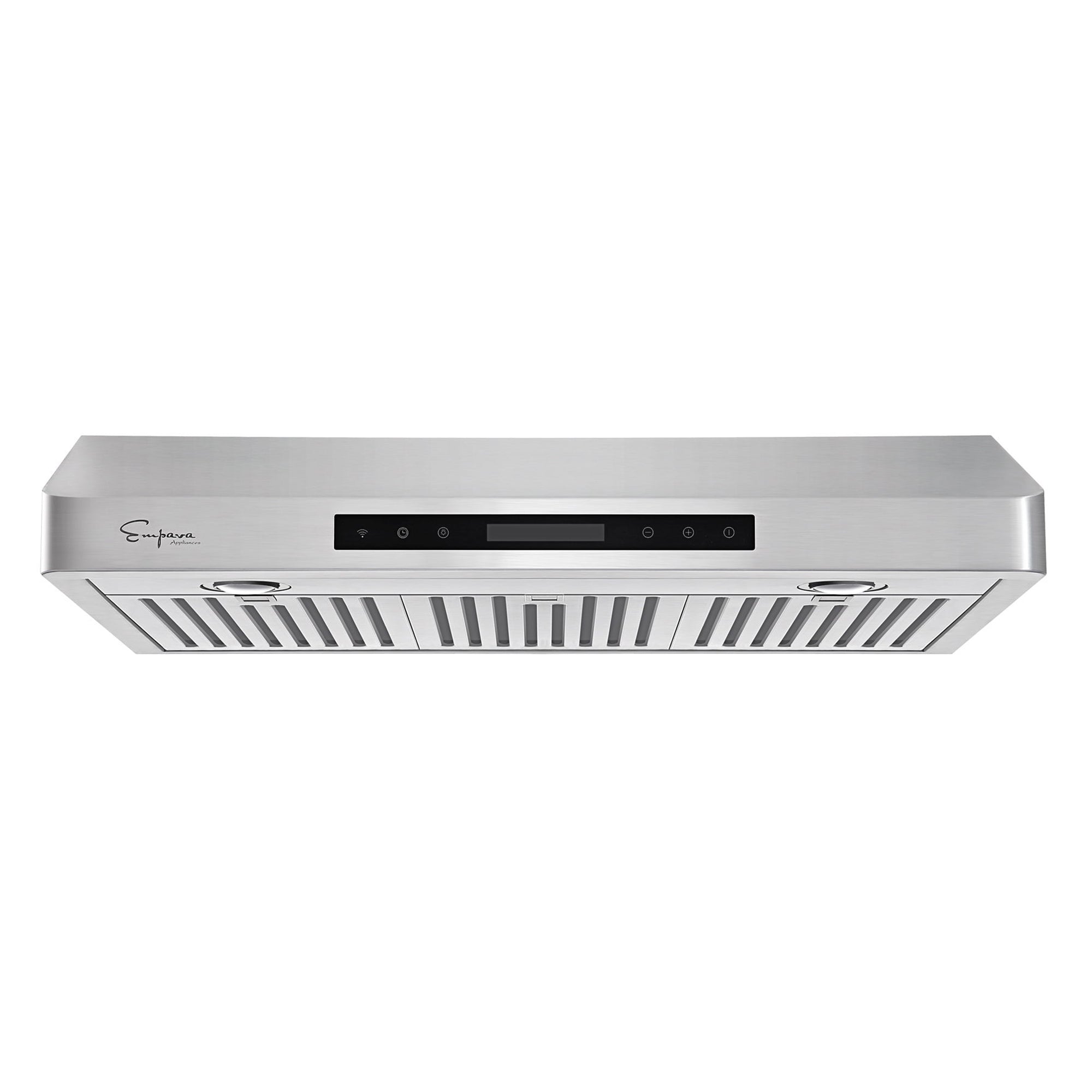 Stainless steel under-cabinet range hood with black control panel and vent grilles