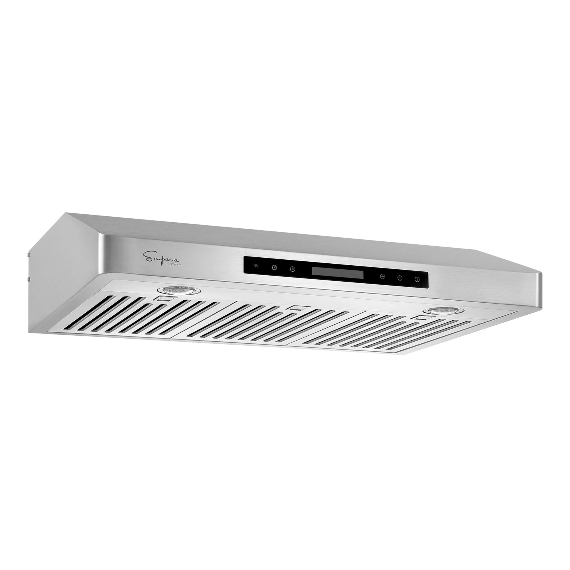 Stainless steel under-cabinet range hood with black touch-style control panel and vent