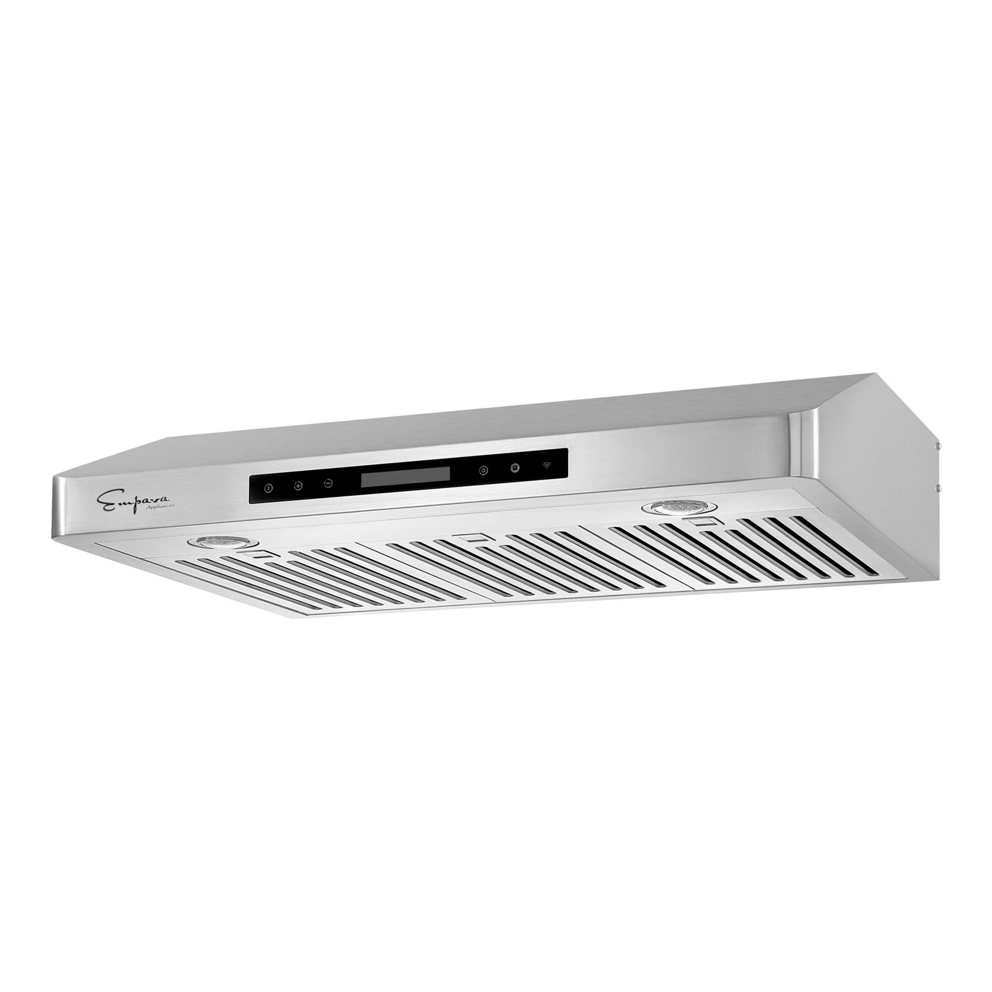 Stainless steel under-cabinet range hood angled view with control panel and vent grilles