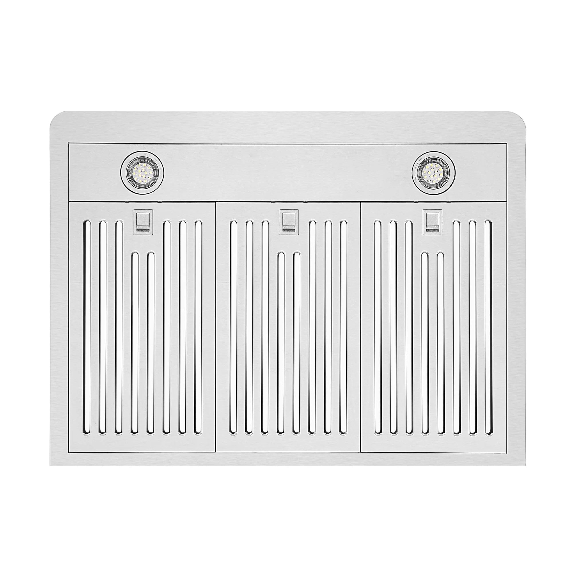 Under-cabinet range hood front panel with vented grille and two round lights