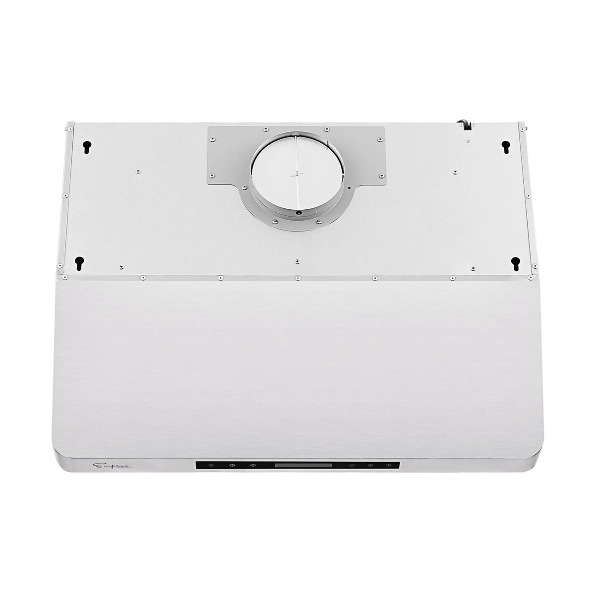 Stainless steel under-cabinet range hood housing with circular blower opening and mounts