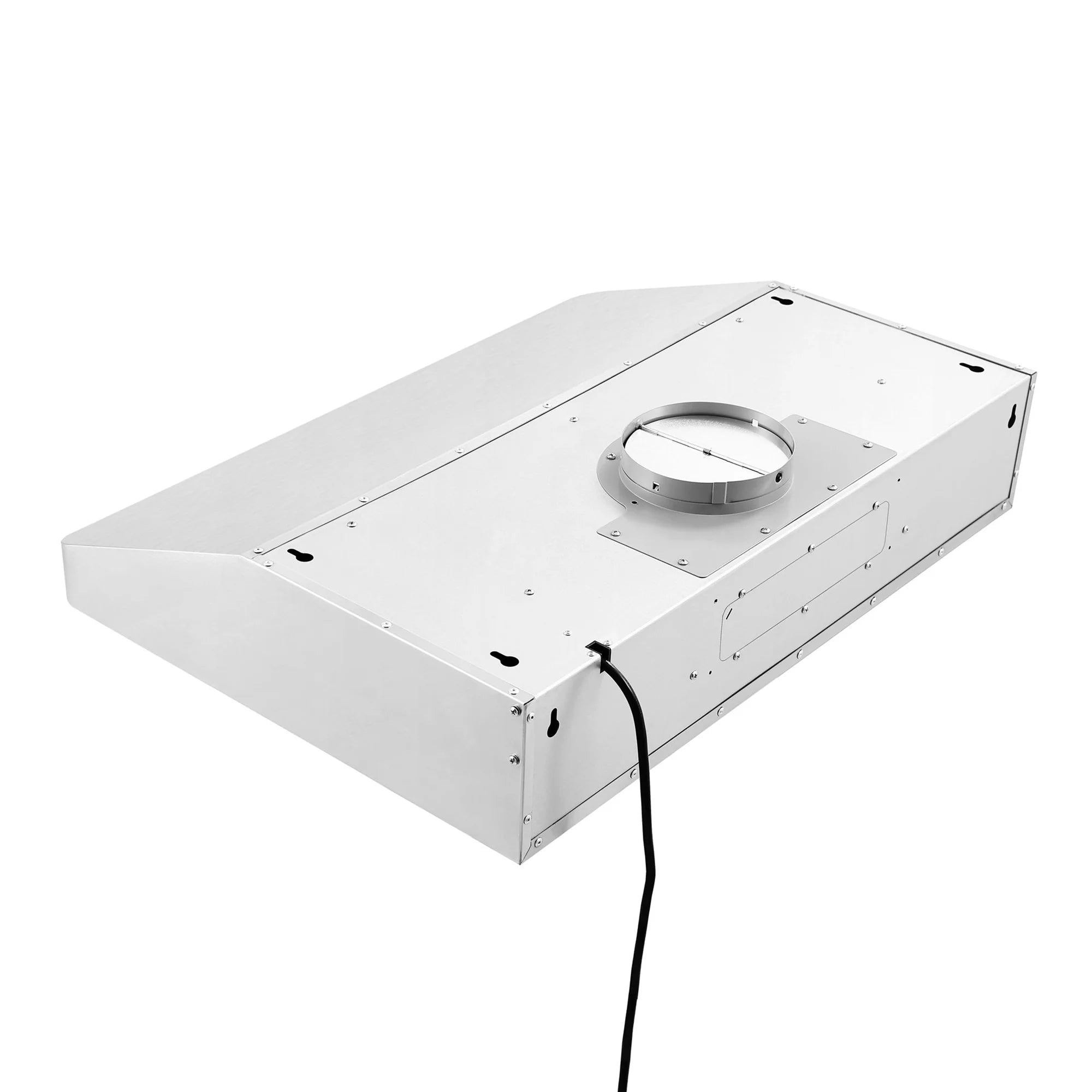 Ducted under-cabinet range hood, white metal housing with round duct collar