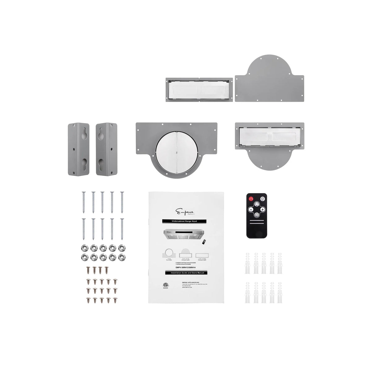 Under-cabinet range hood installation parts set, exploded view with remote and hardware