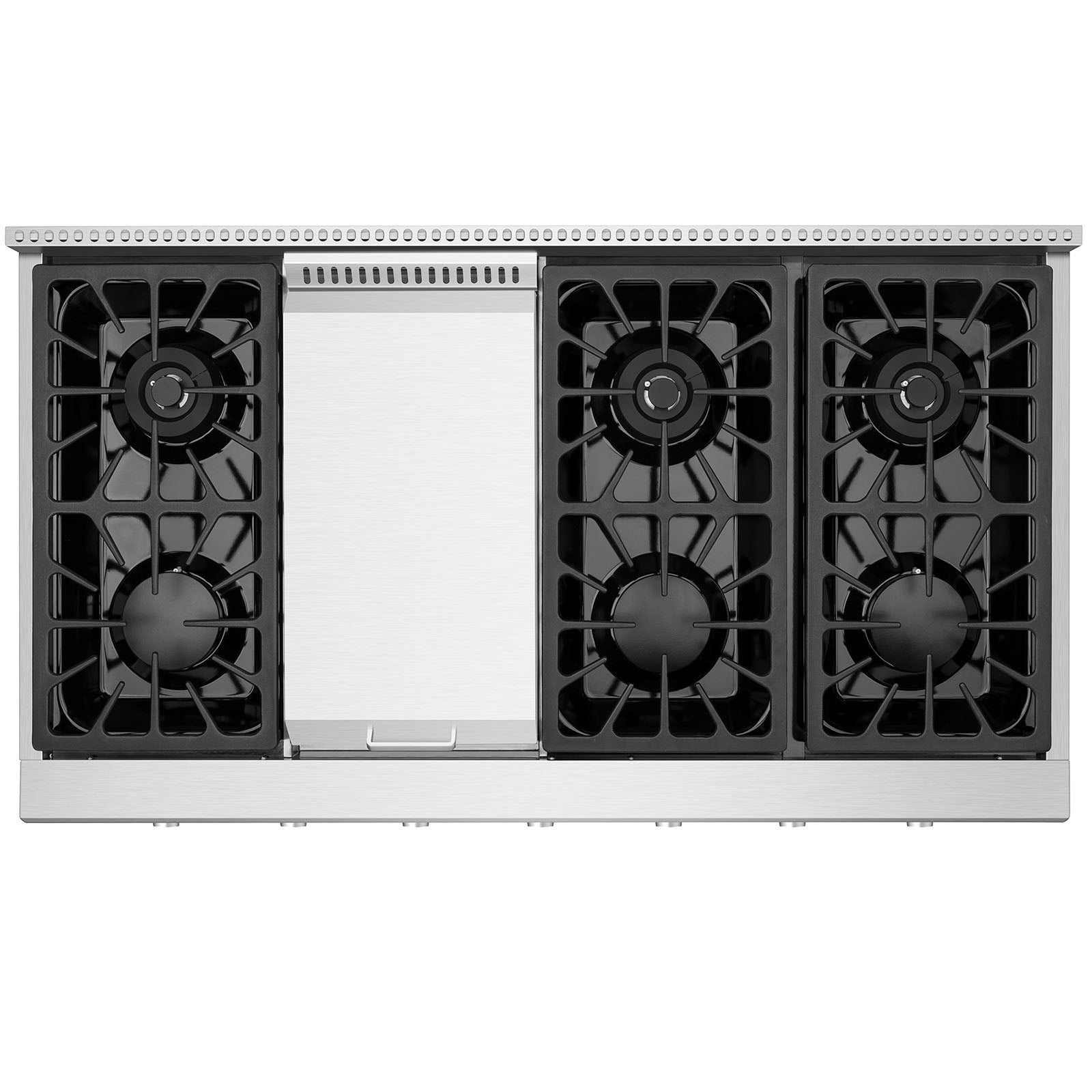 Stainless steel 48-inch slide-in natural gas cooktop with four burner grates and central control panel