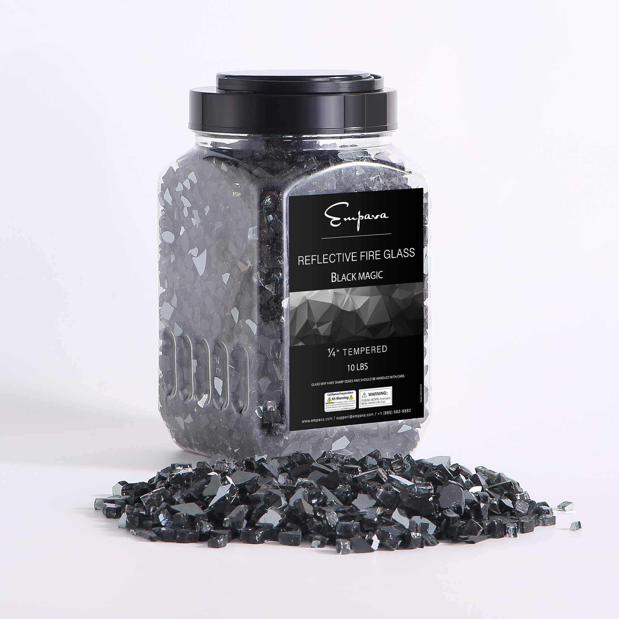 Tempered fire glass set in a sealed jar with black reflective glass pieces