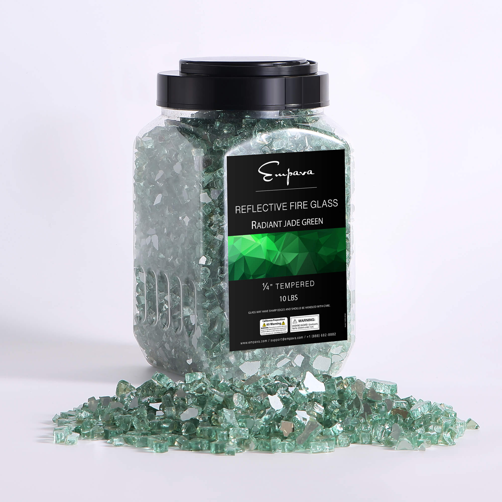 Reflective tempered fire glass in radiant jade green, in clear jar with black lid.