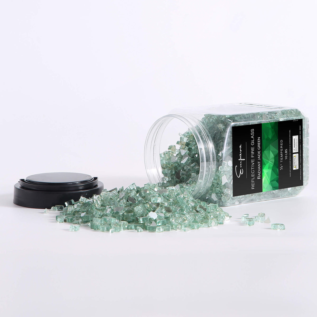 Radiant jade green tempered fire glass loose pieces with clear jar and black lid.