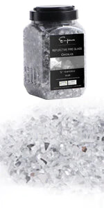 Crystal ice tempered fire glass jar with black lid and clear reflective glass pieces