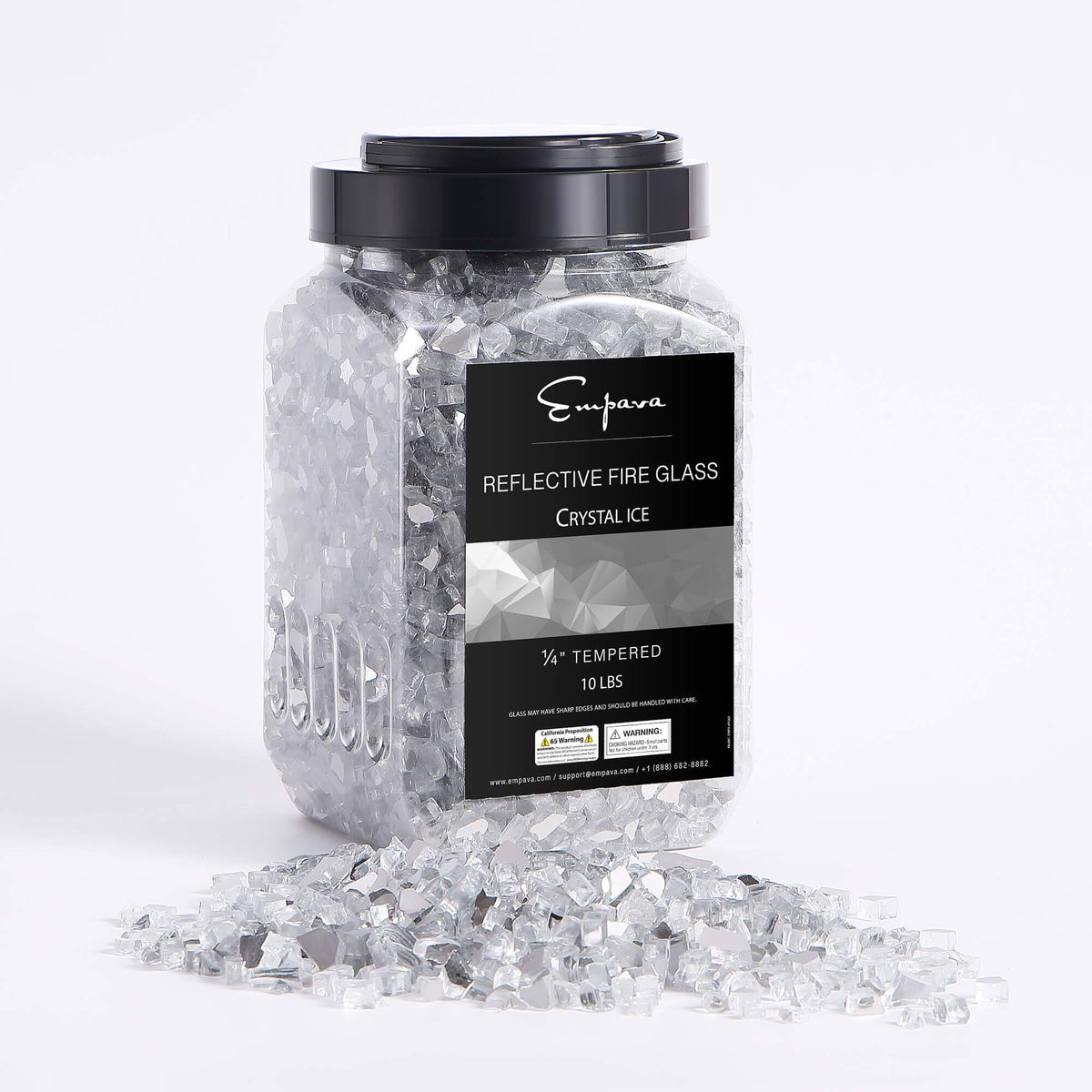 Tempered reflective fire glass in crystal ice, clear faceted chunks in a jar