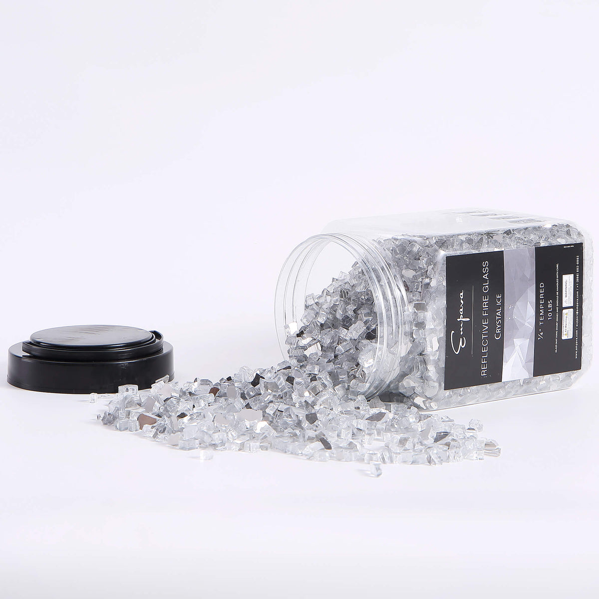 Tempered reflective fire glass jar with black lid and clear faceted glass pieces