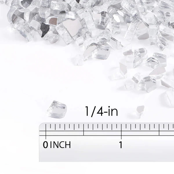 1/4-inch tempered reflective fire glass pieces, clear faceted crystals with size ruler