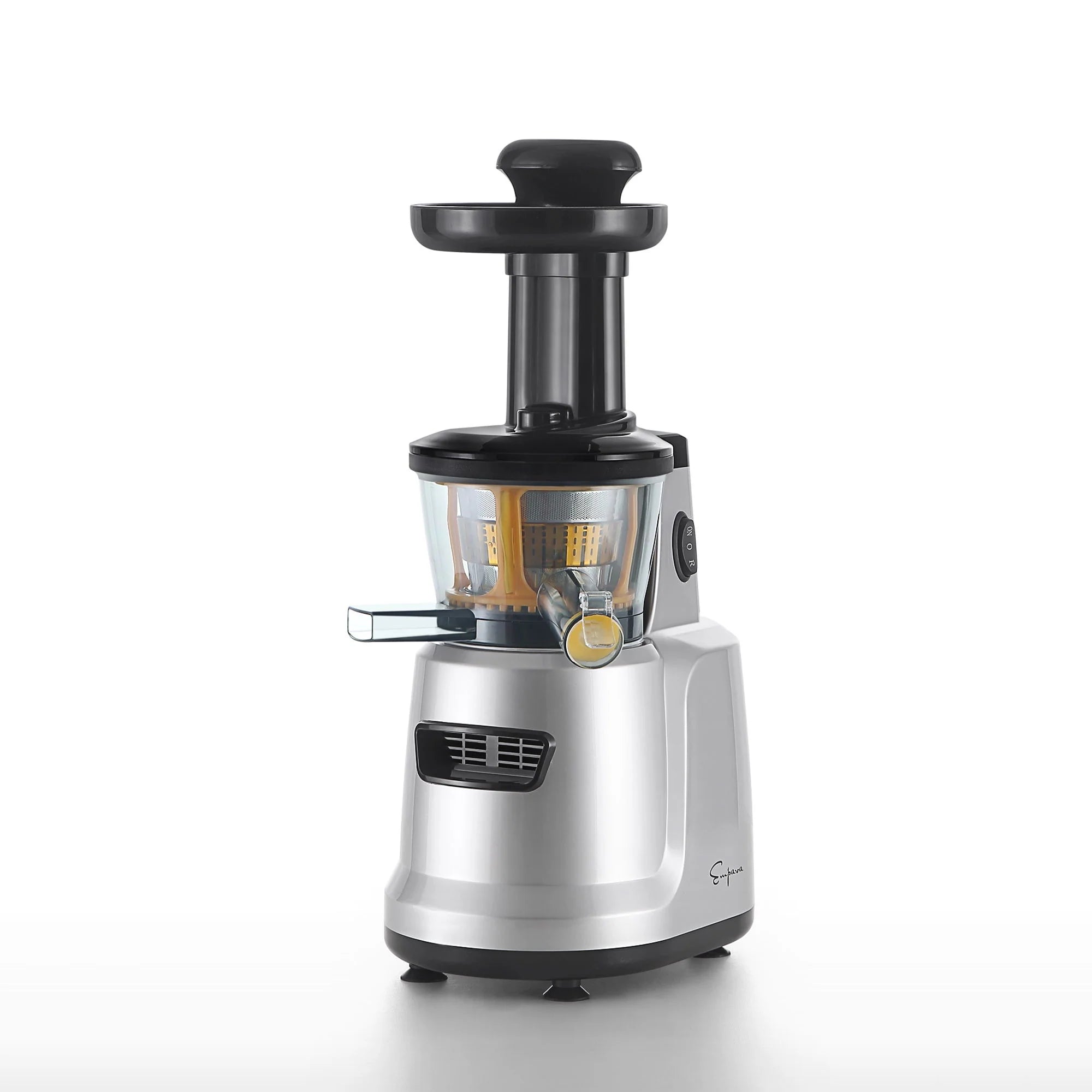 Silver cold press electric slow juicer with adjustable spout and clear jar