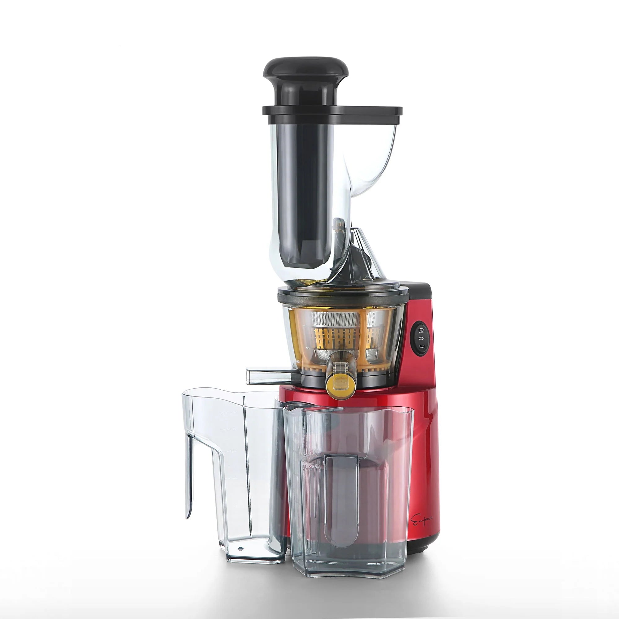 Red slow juicer with clear pulp container, black feed chute and stainless screen