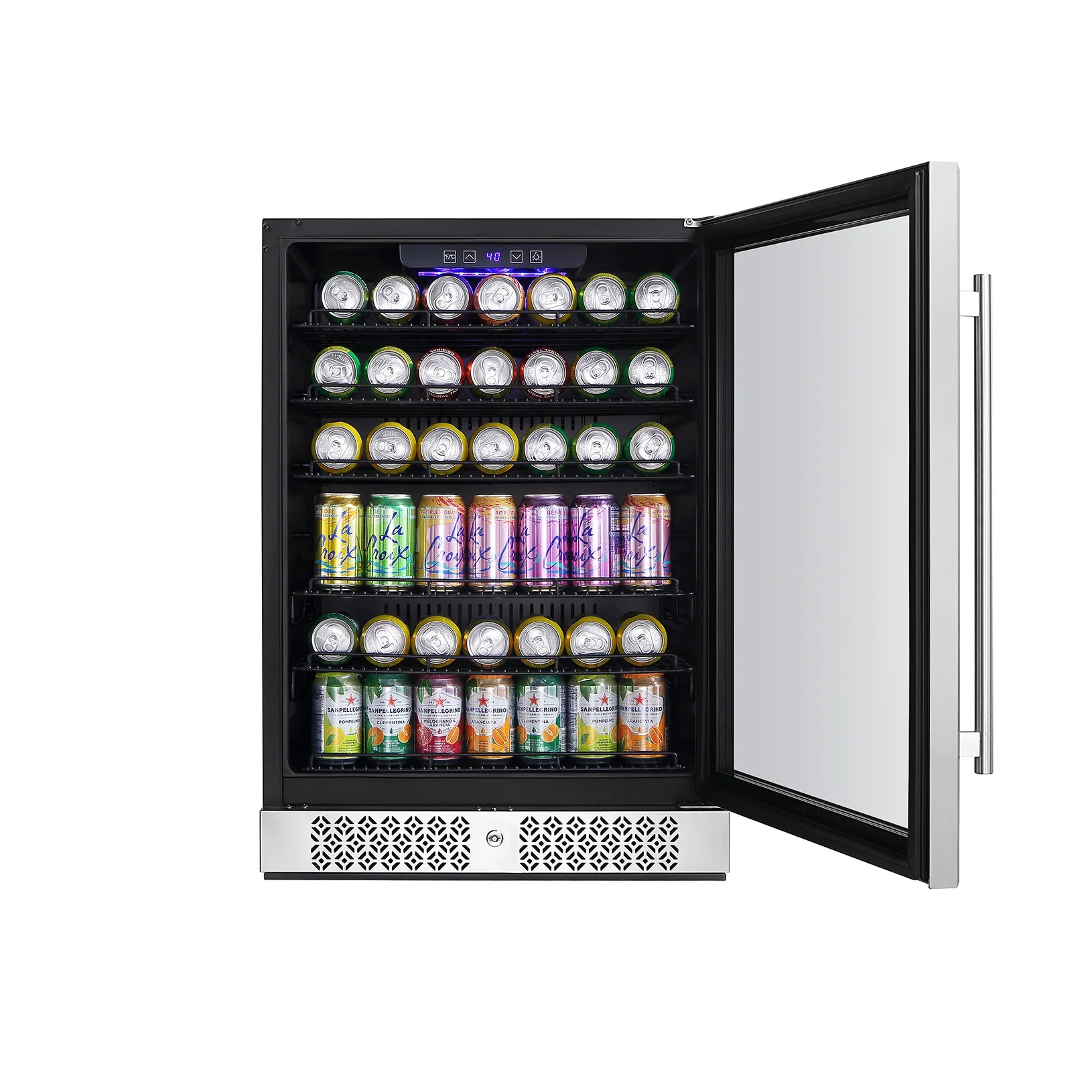 24-inch beverage fridge with open door, interior shelves holding canned drinks