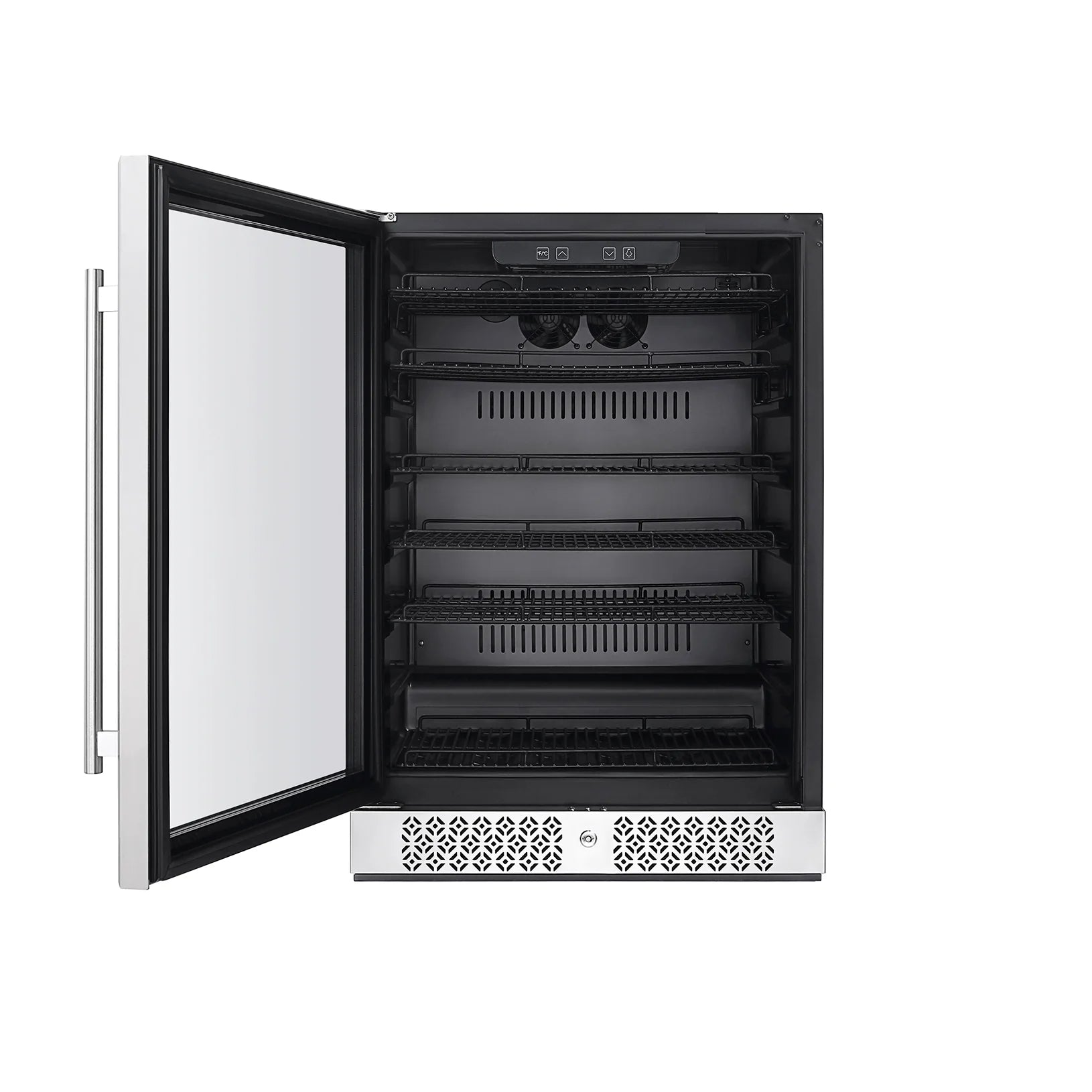 24-inch beverage fridge interior with removable wire shelves and cooling vents
