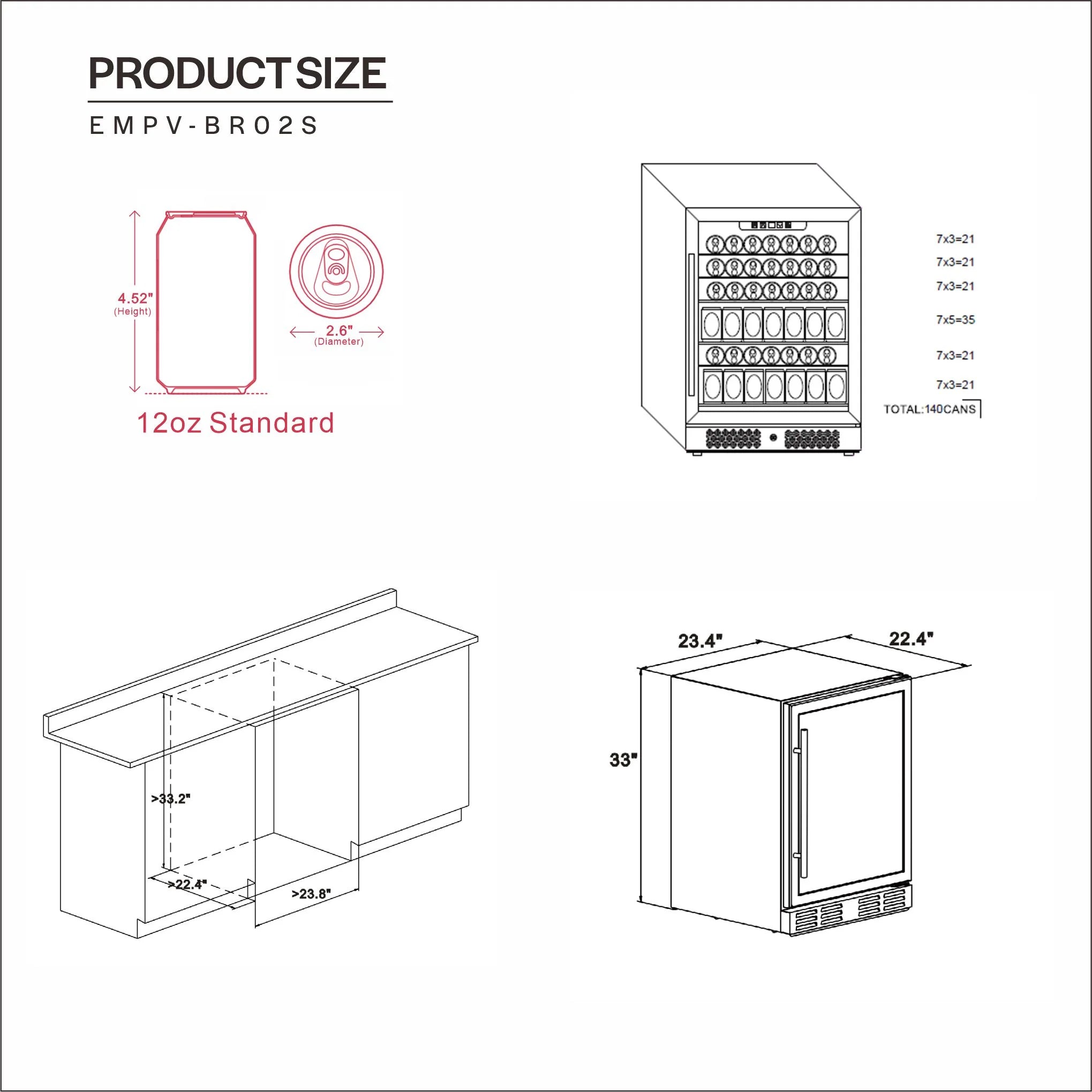 Beverage fridge product size diagram with opening and height measurements