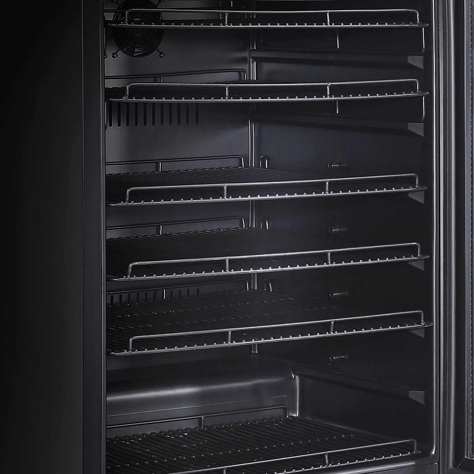 Beverage fridge interior racks with airflow channels and metal shelves
