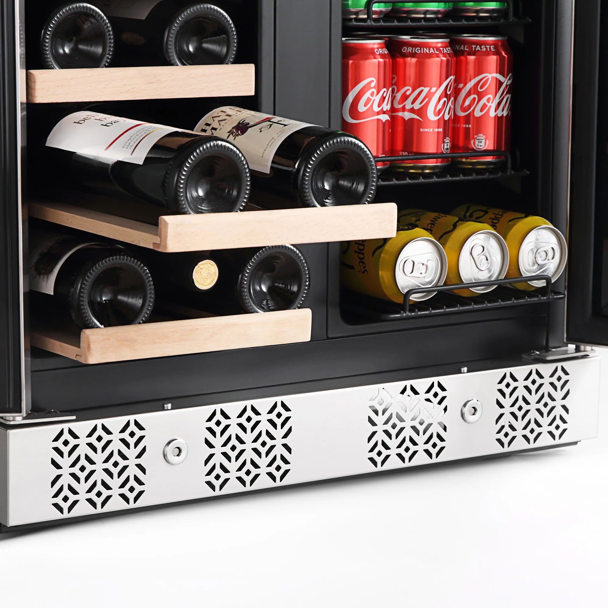 Dual-zone wine cooler interior with bottles on wooden rack and drinks on shelves