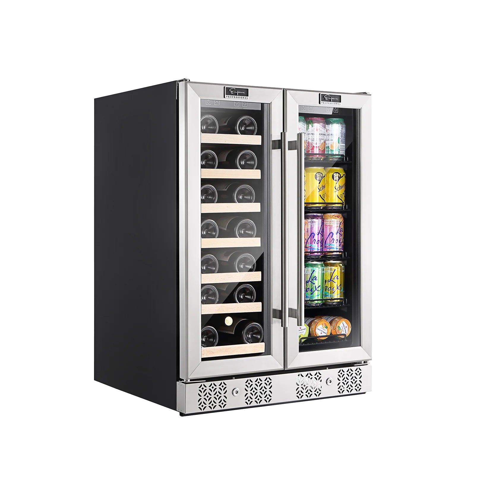 Freestanding wine and beverage refrigerator with open doors, showing bottle and can storage