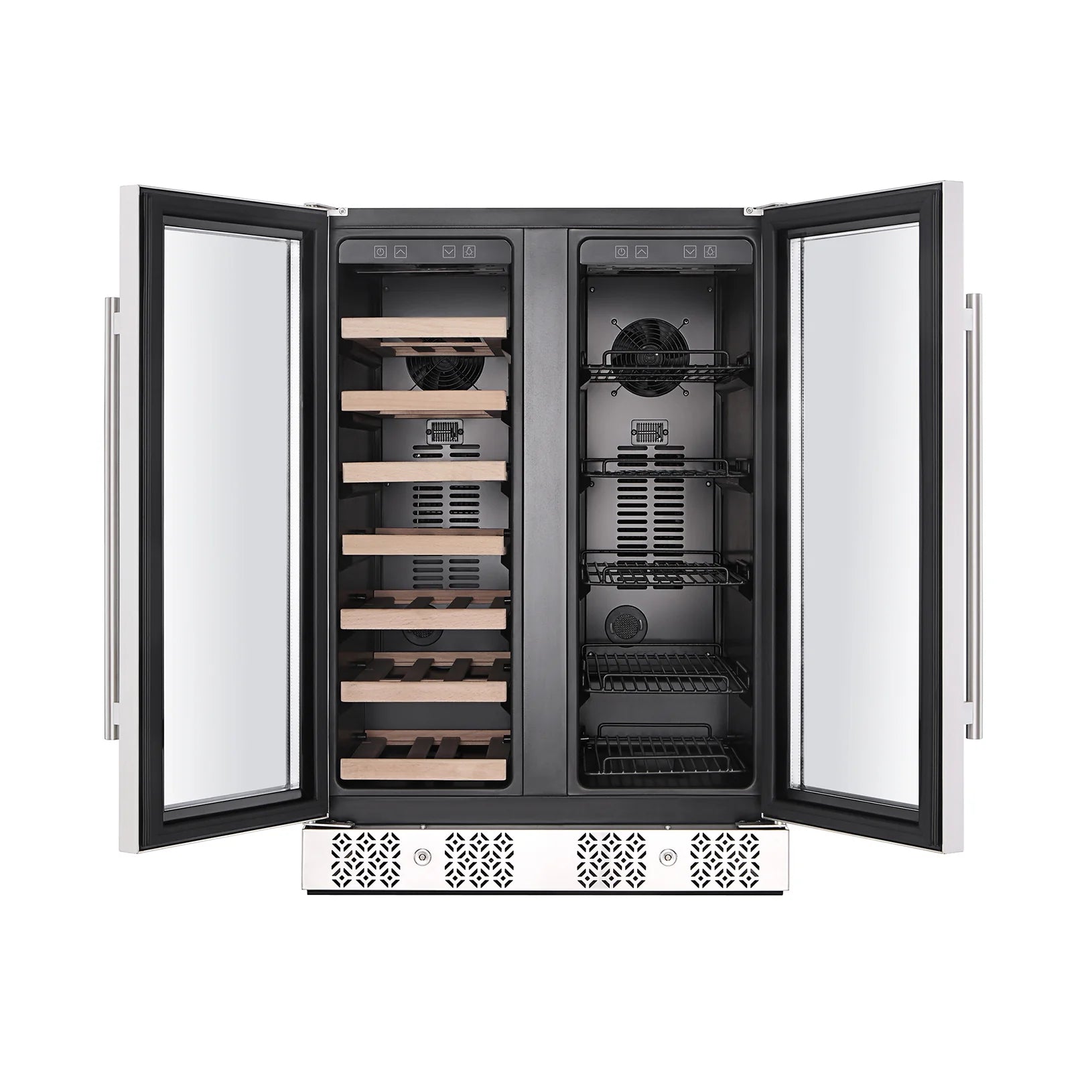 Freestanding wine and beverage refrigerator with two open doors and interior storage racks