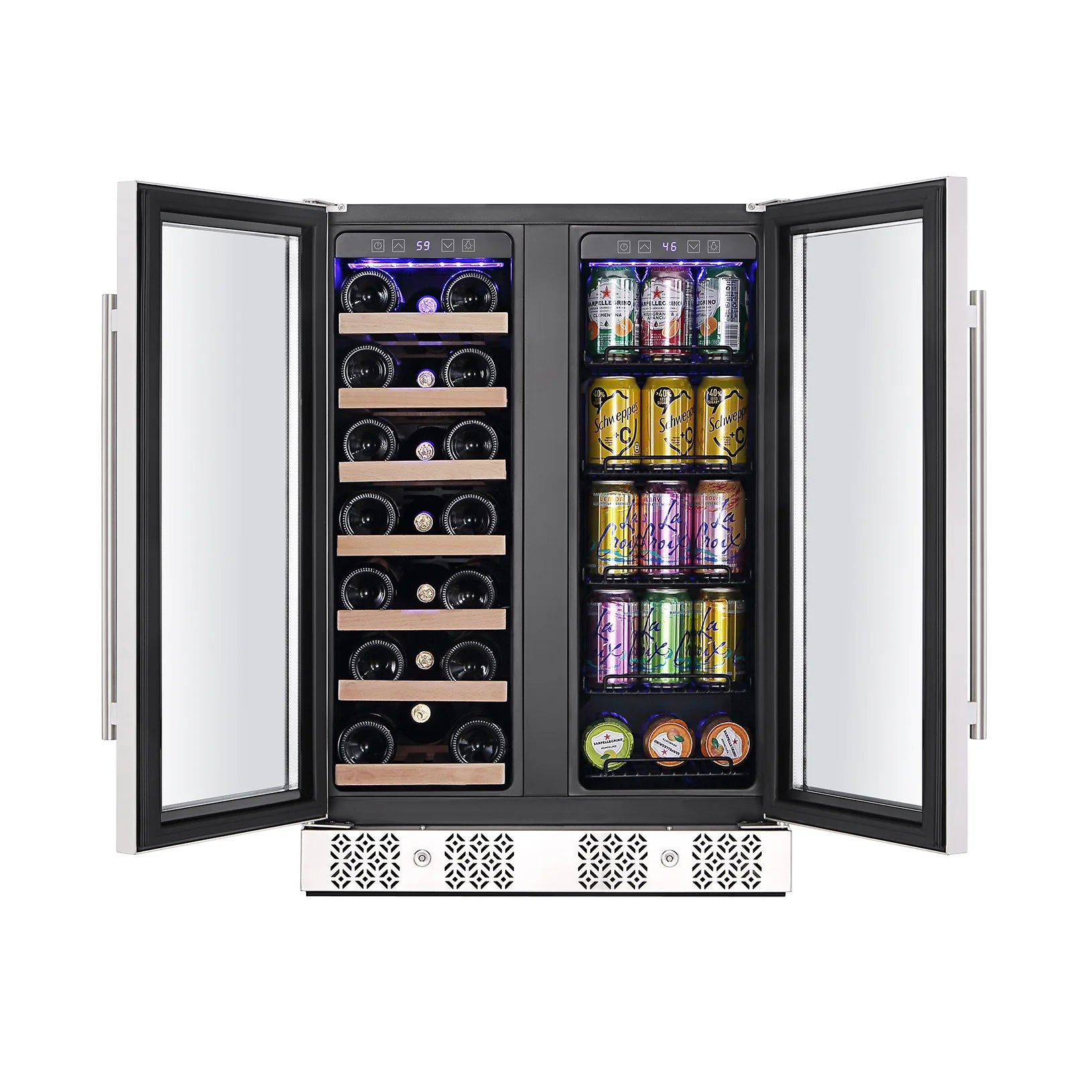 Freestanding dual-zone wine and beverage refrigerator open, with cans and bottles inside
