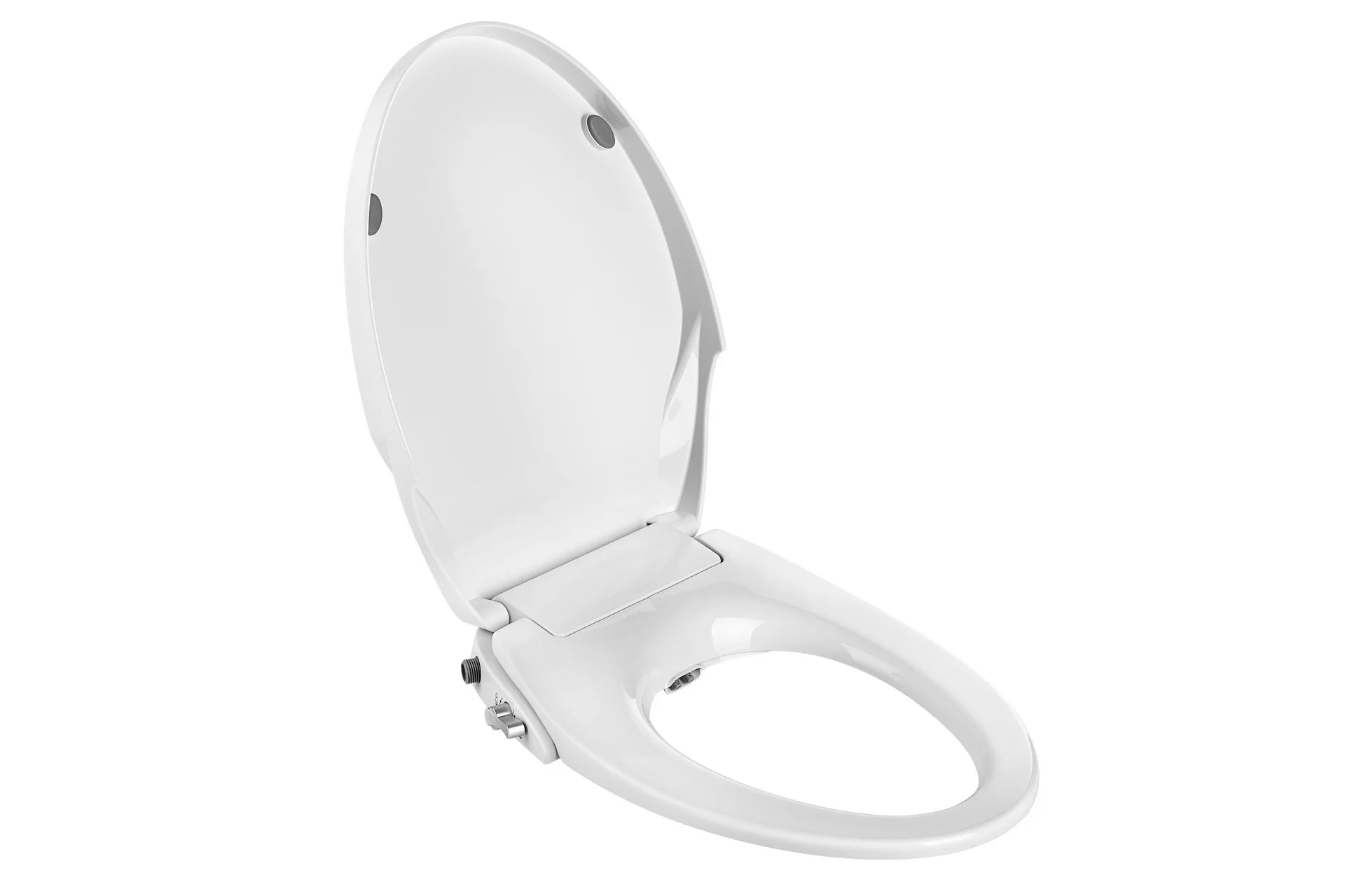 White non-electric bidet seat with open lid and raised seat for elongated toilets
