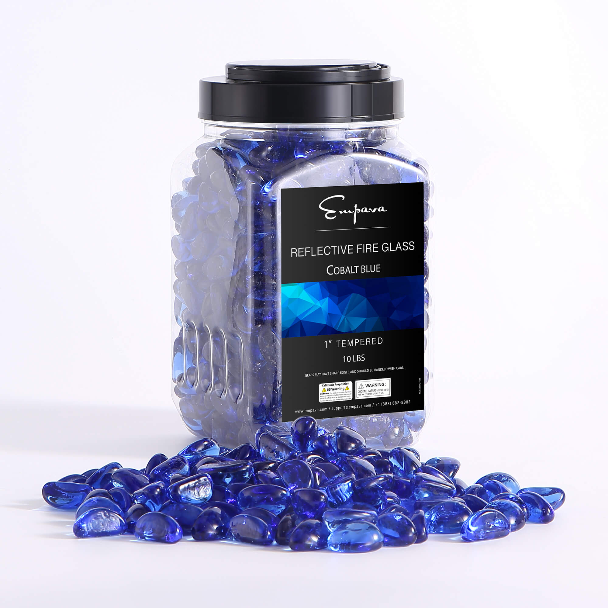 Empava tempered fire glass cashews, cobalt blue reflective, in clear jar with lid