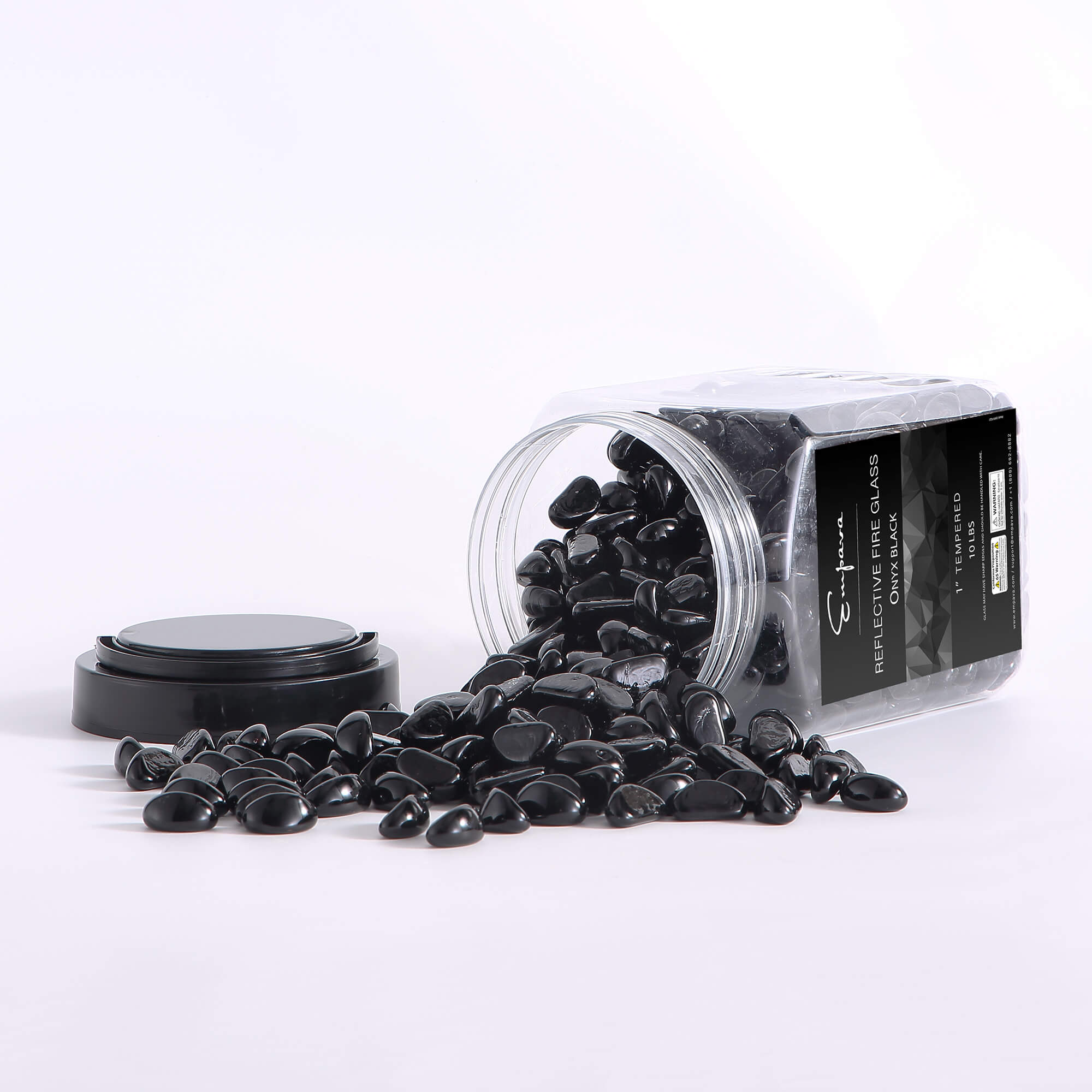 Onyx black tempered fire glass cashews spilled from clear jar