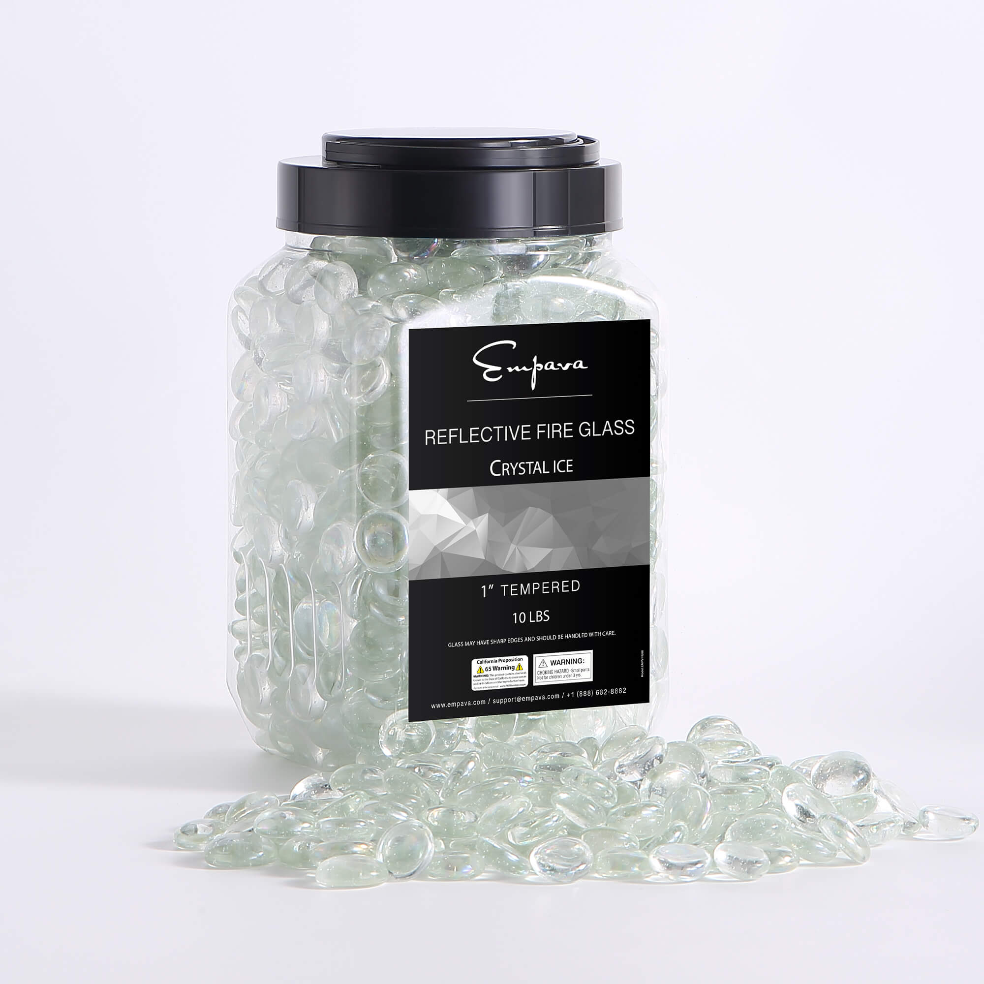 Crystal ice tempered fire glass beads in clear jar with black lid
