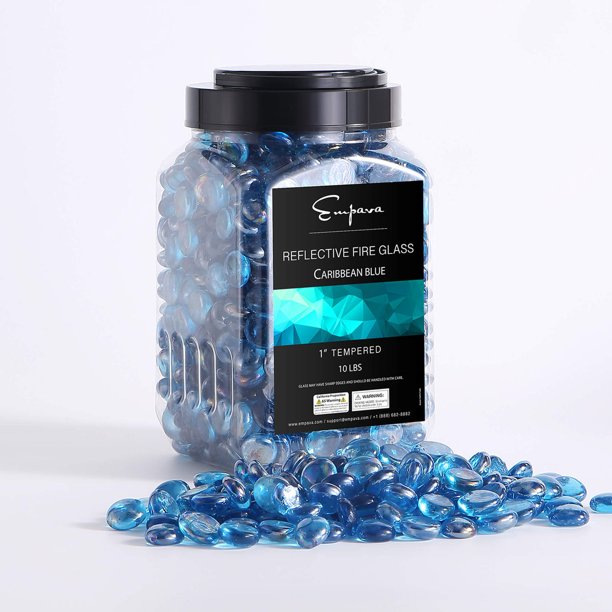 Tempered fire glass beads, Caribbean blue in clear jar with black lid