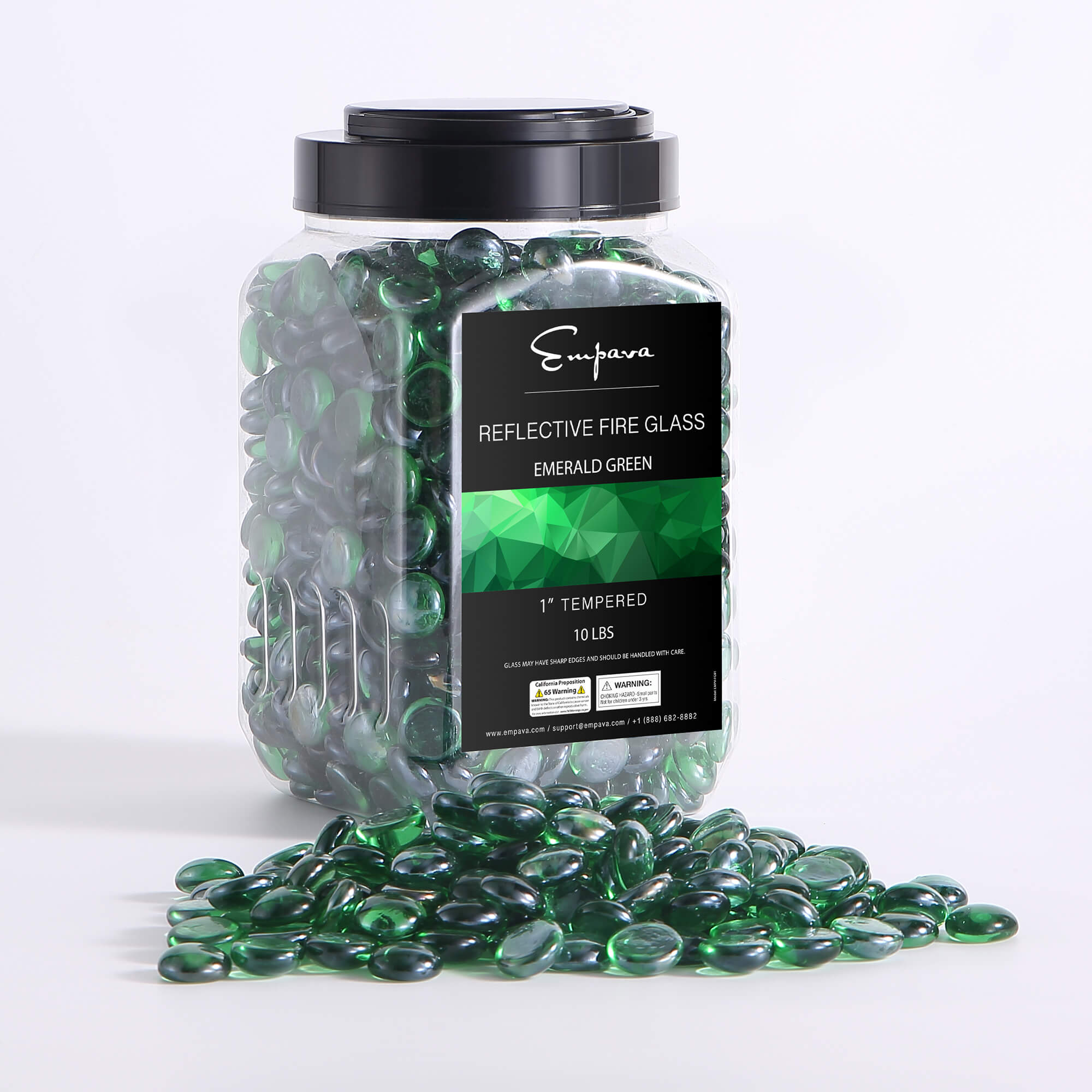 Green reflective tempered fire glass beads in clear jar with black lid