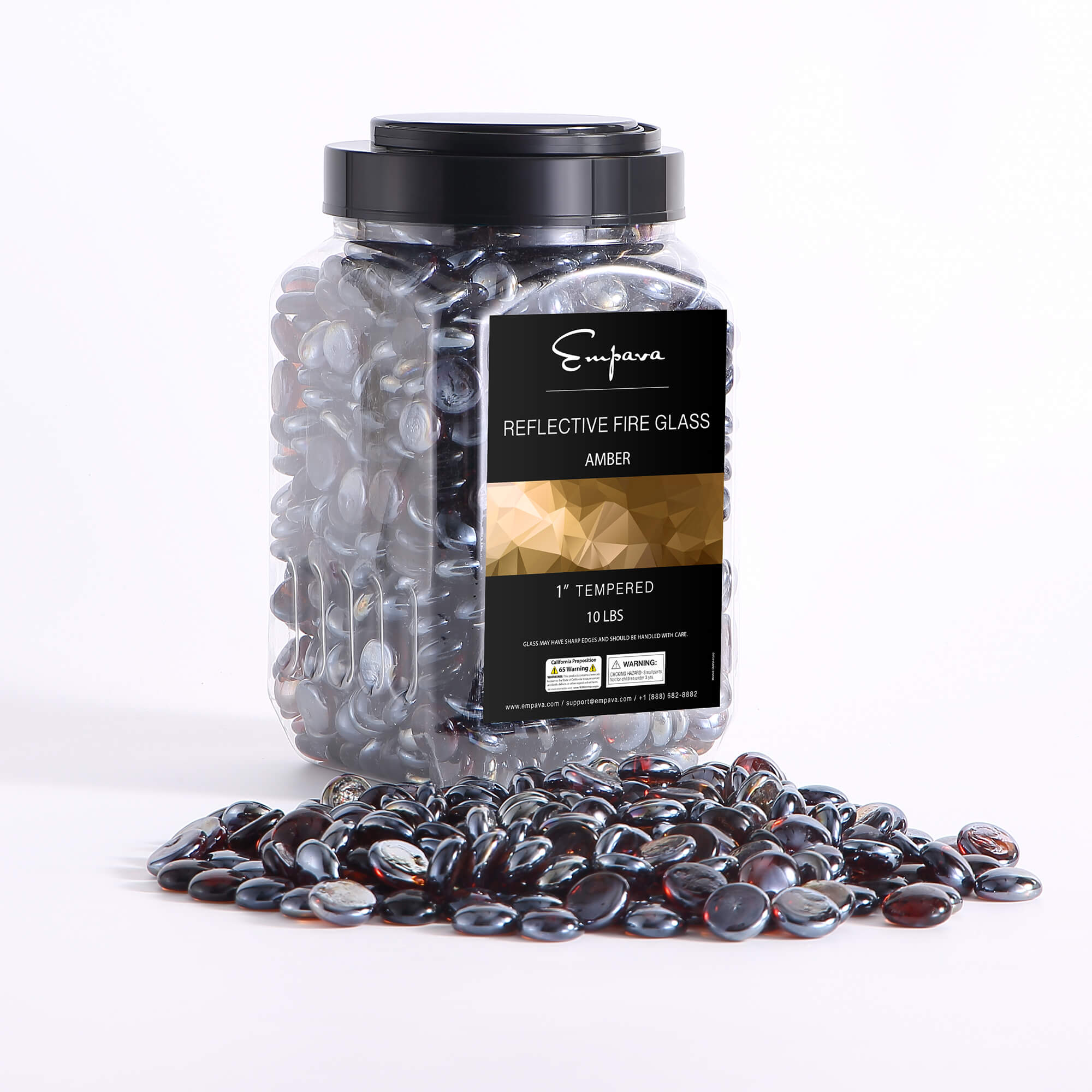 Amber reflective fire glass beads; clear jar of dark metallic oval beads