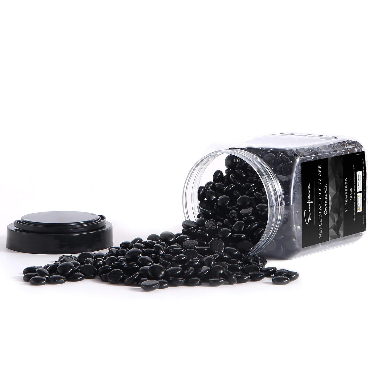 Empava tempered fire glass beads in clear jar, onyx black beads spilled