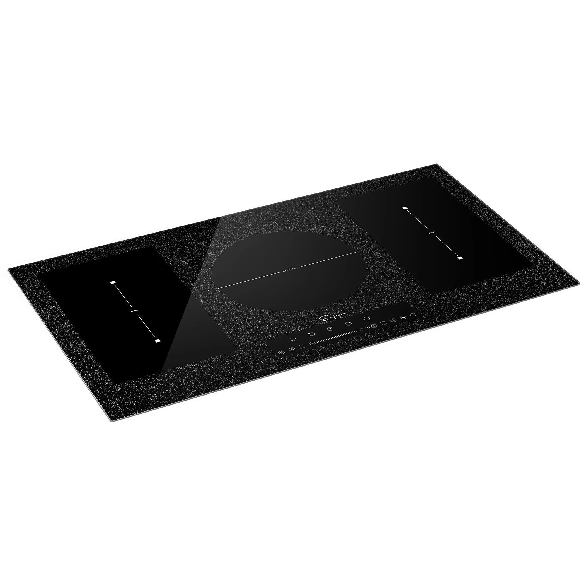 Empava black induction cooktop in angled view, glass top with touch controls, 36 inch