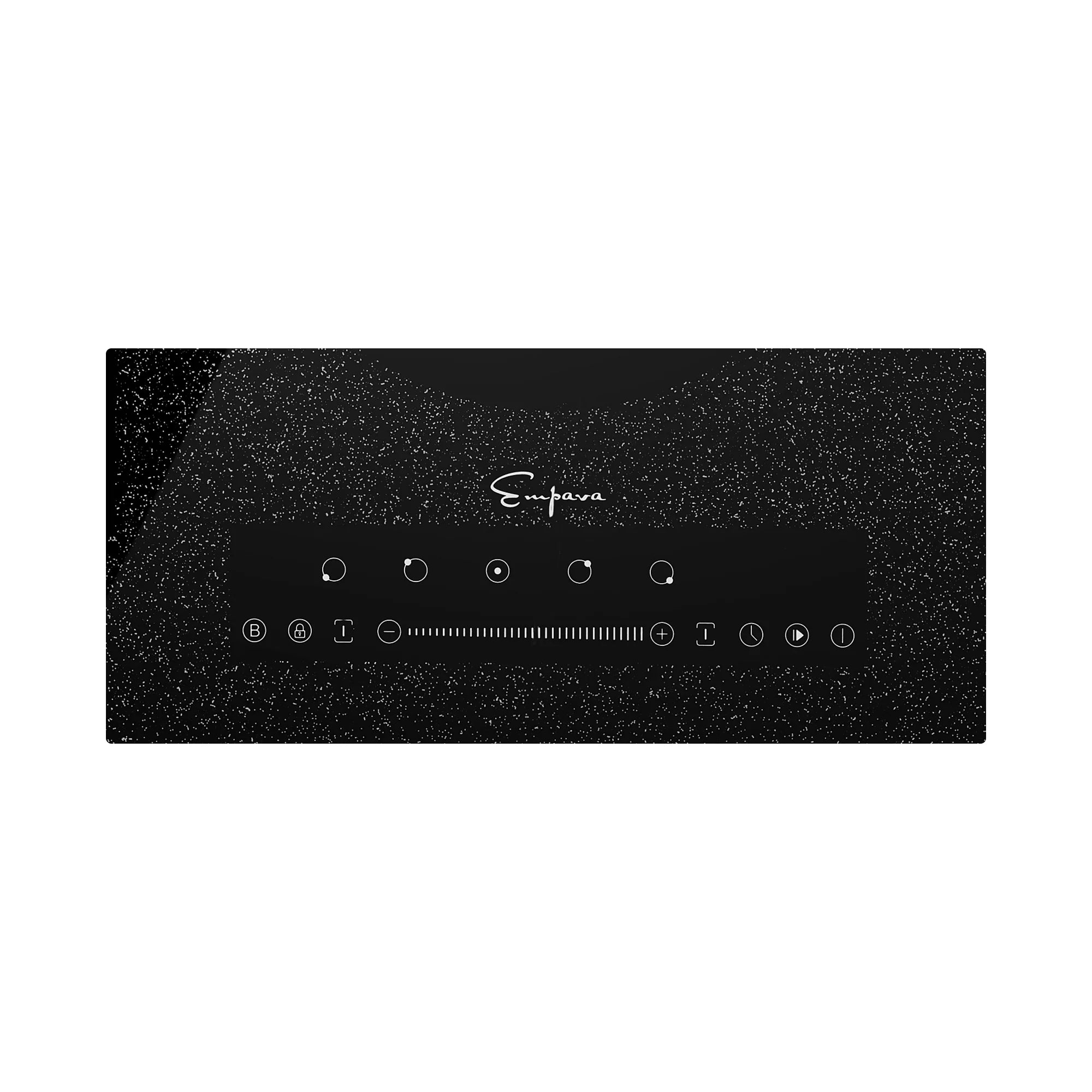 Empava black induction cooktop control panel with icons, buttons, and glossy glass surface
