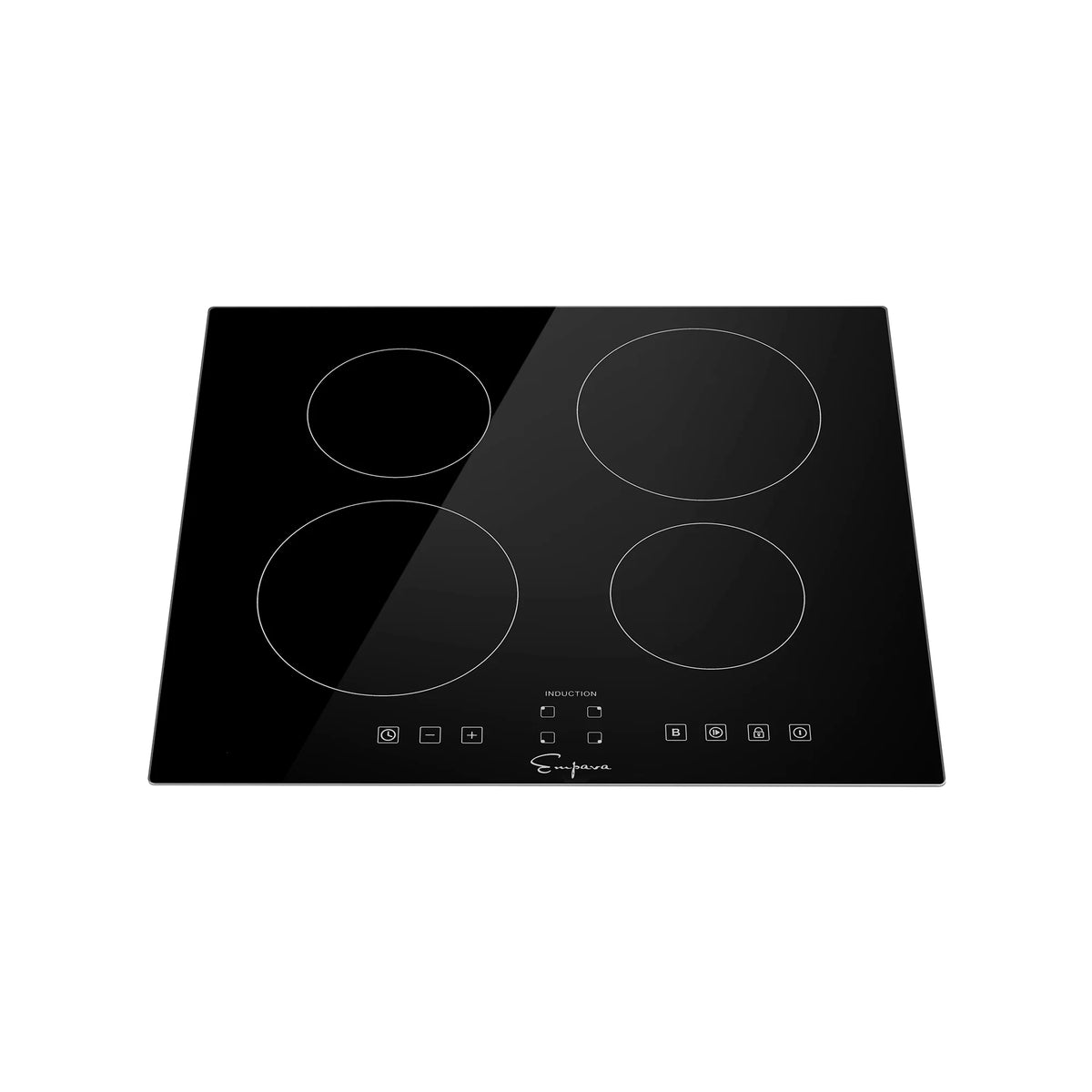 Black induction cooktop with four heating zones and center touch control icons