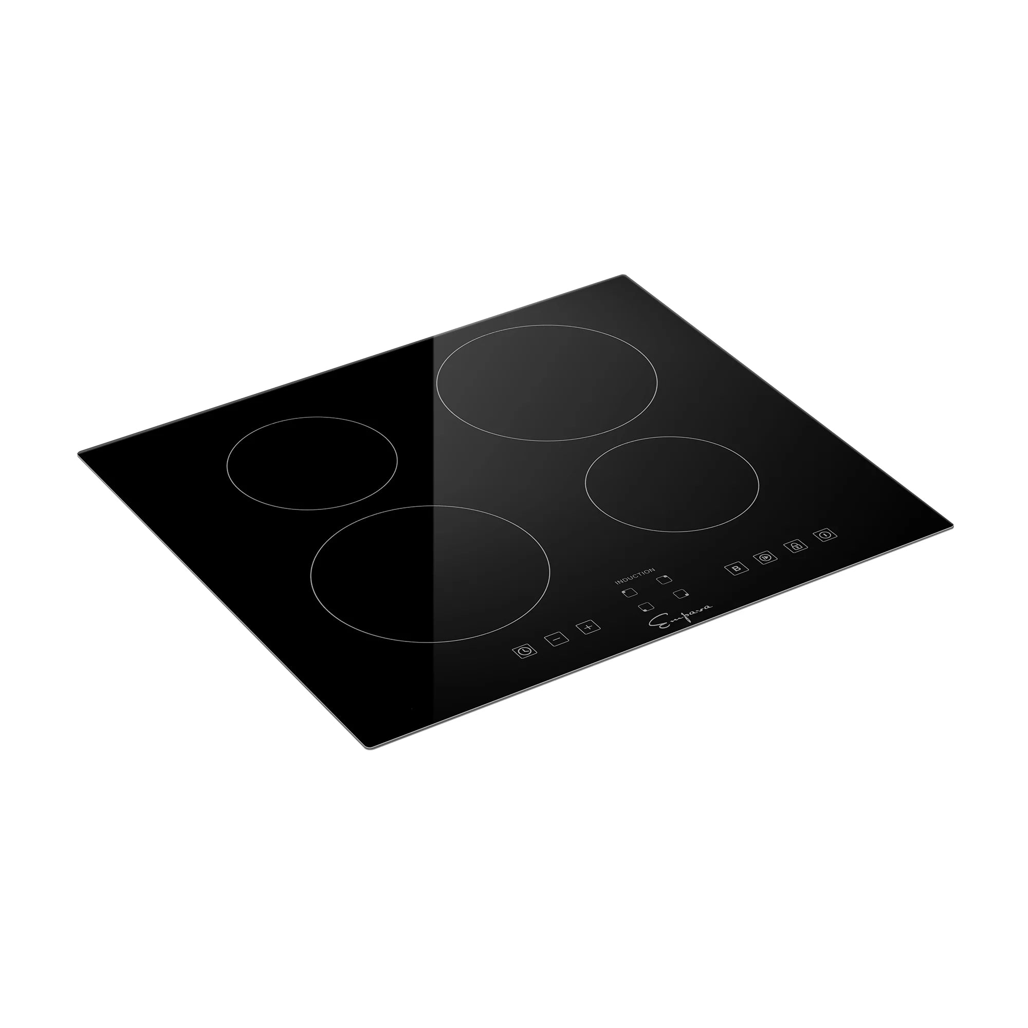 Black induction cooktop viewed at an angle with four glass ceramic heating zones