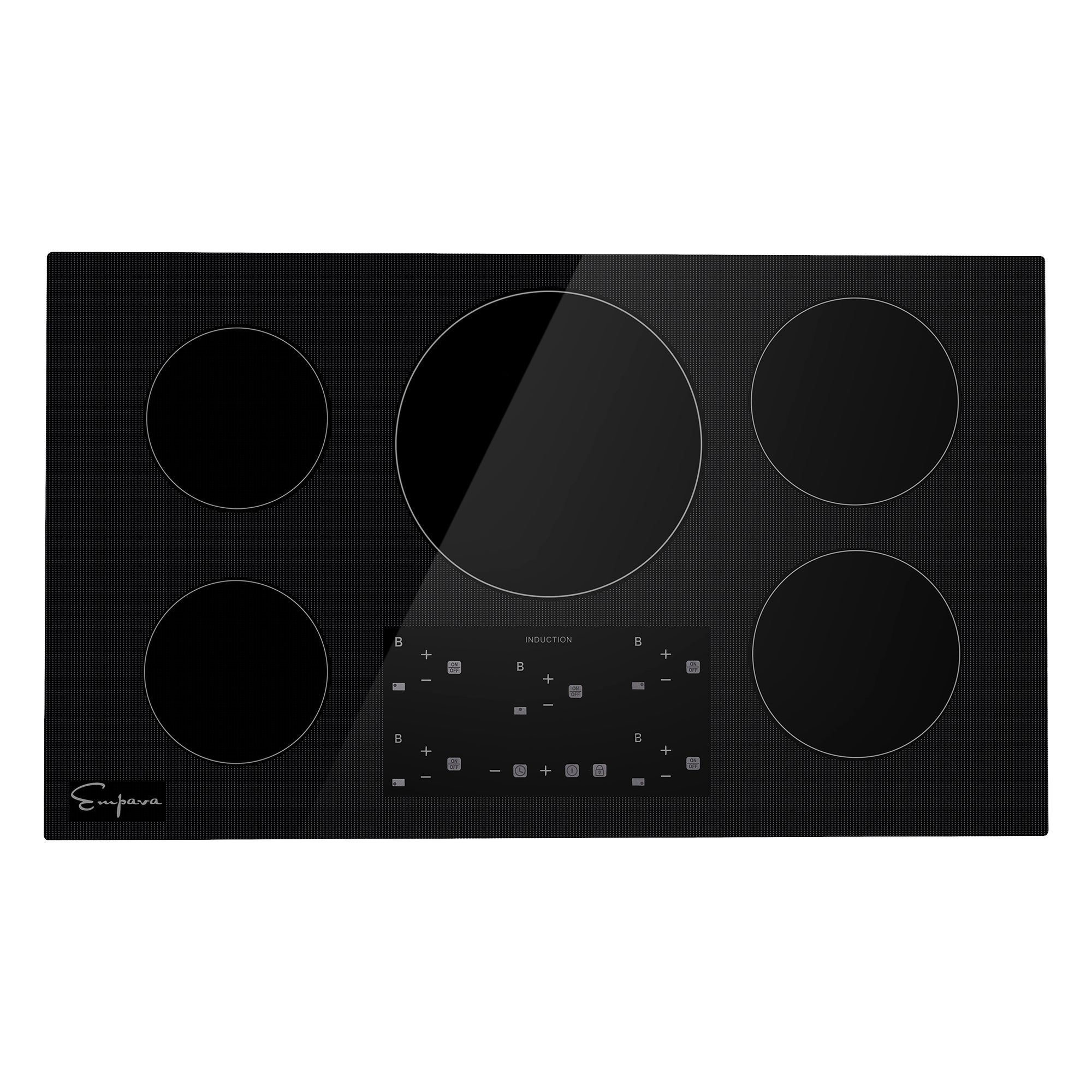 36-inch black induction cooktop with 5 burners and touch control panel