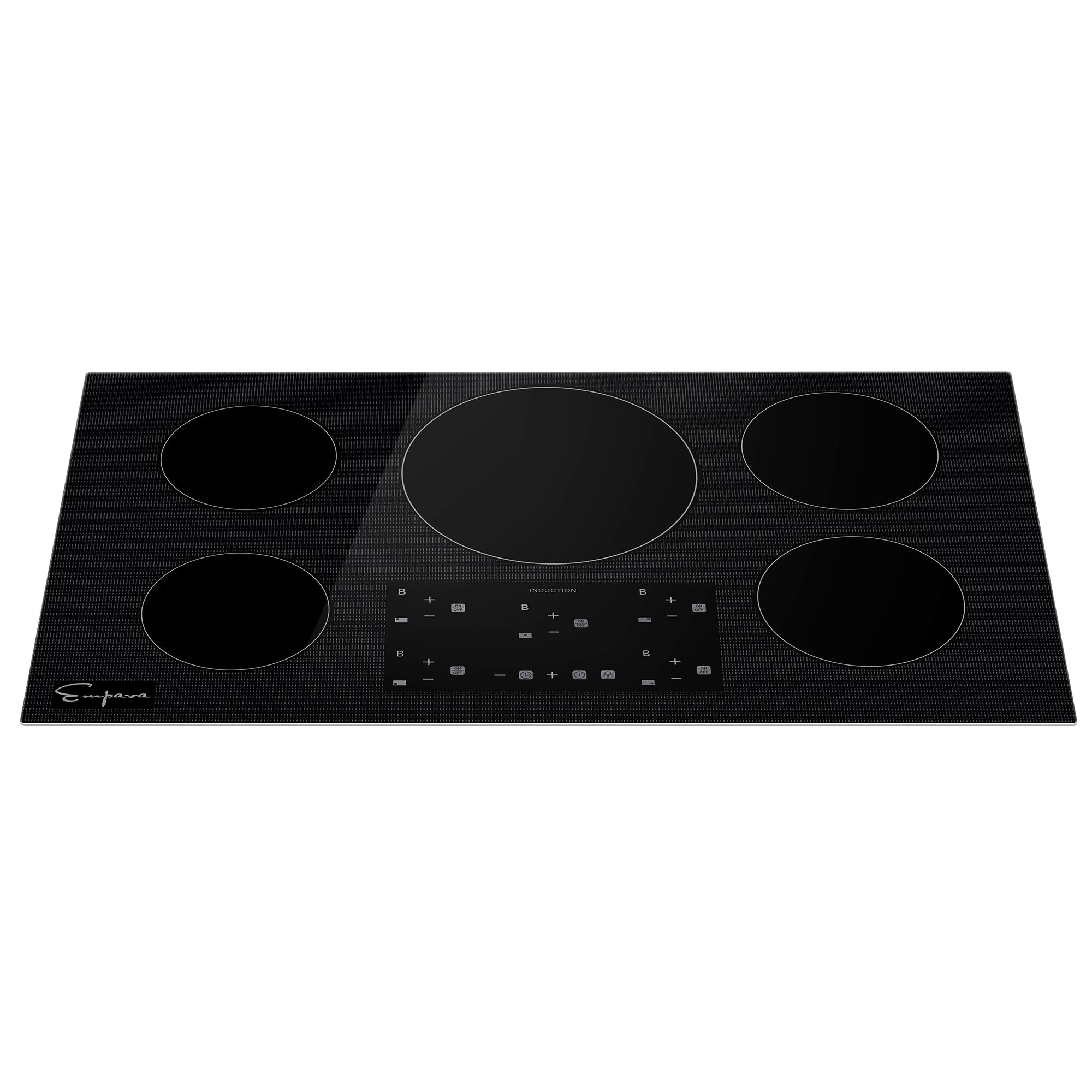 36-inch black induction cooktop with 5 cook zones and centered touch controls