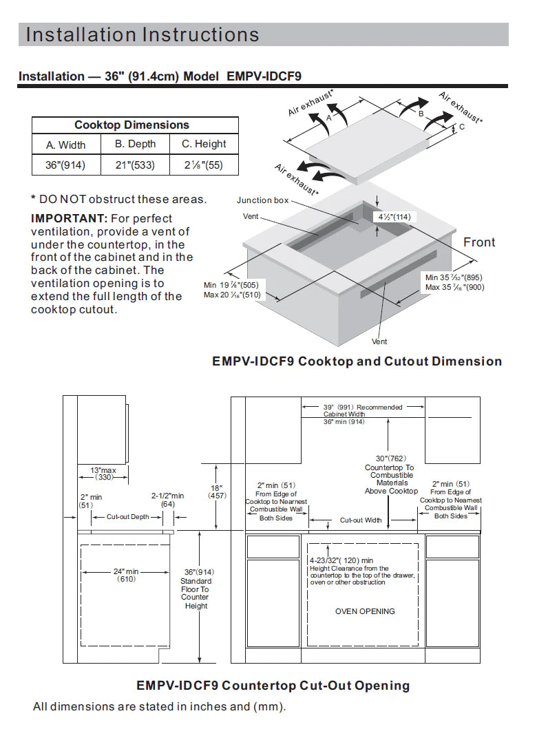 Installation instructions diagram for 36-inch Empava induction cooktop EMPV-IDCF9 dimensions