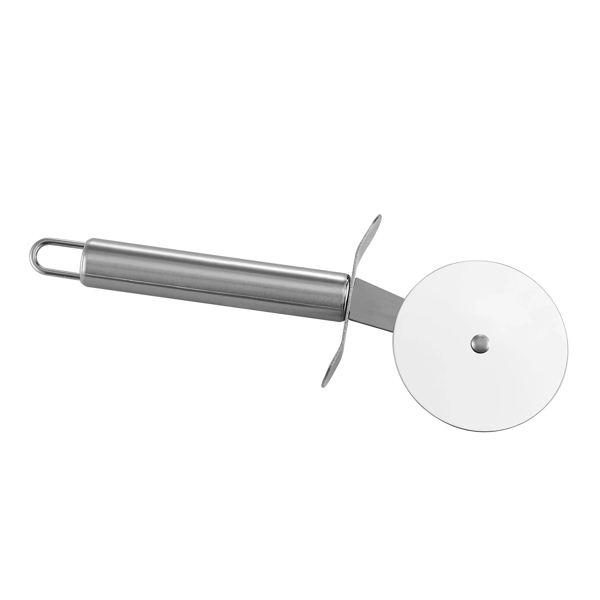 Stainless pizza cutter with round wheel and long handle