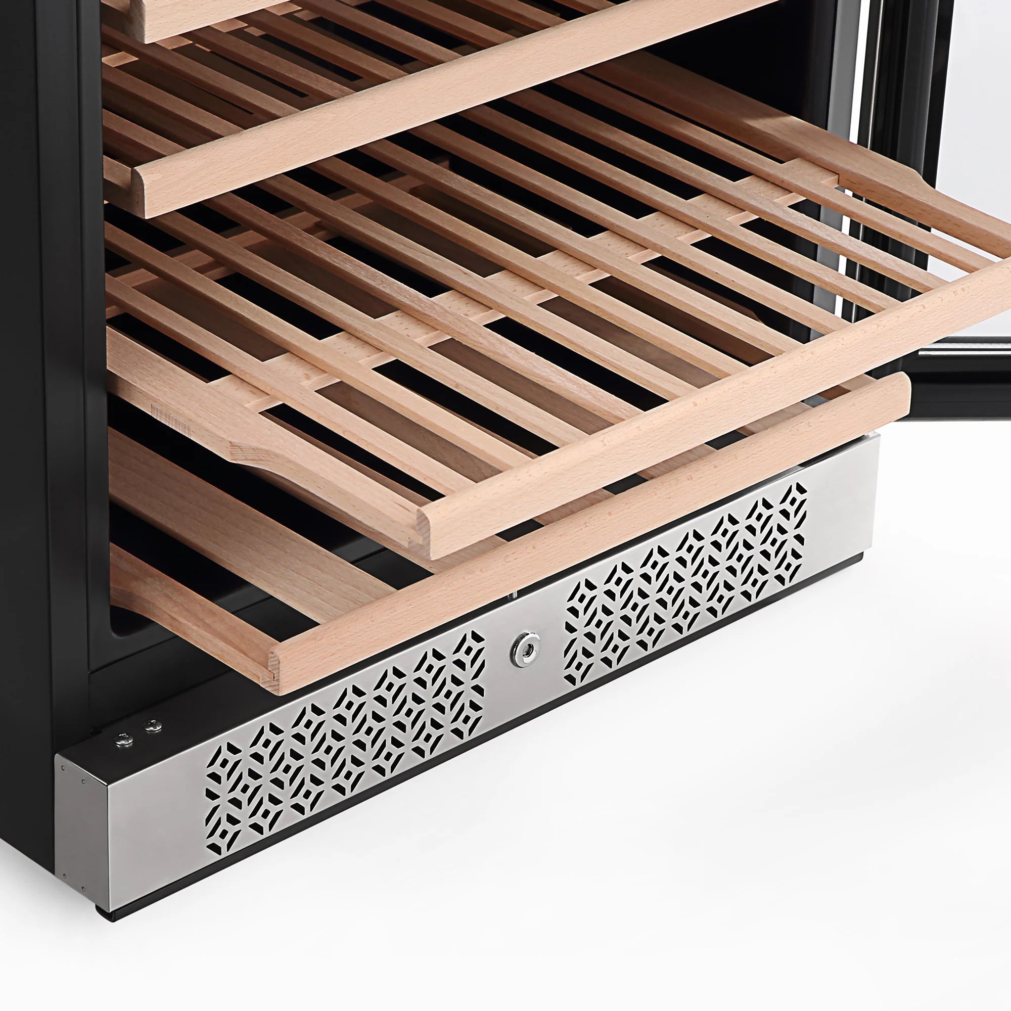 Wine cooler bottom drawer with vented metal grille and wooden slat shelf