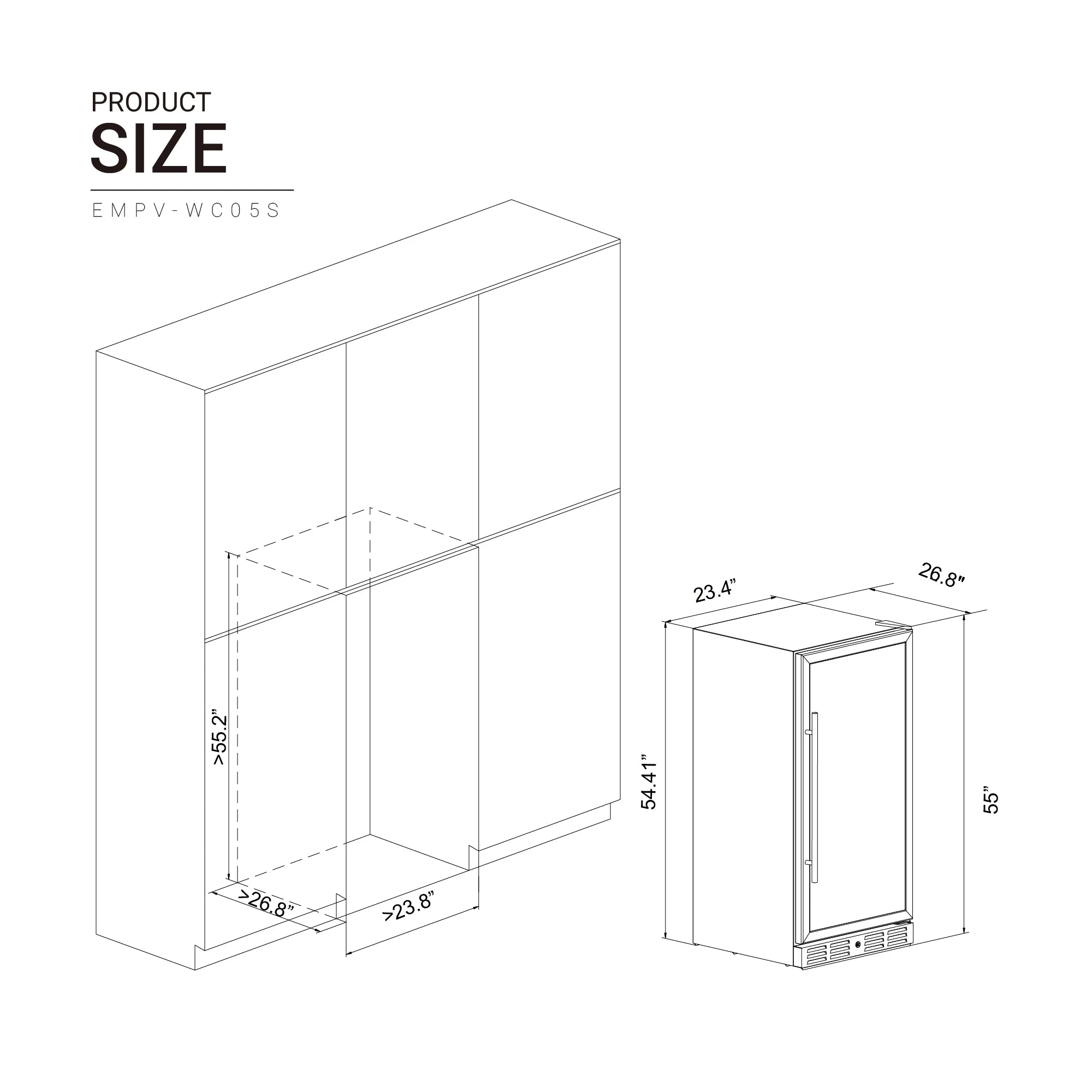 Wine cooler size diagram with exterior and interior measurements for bottles